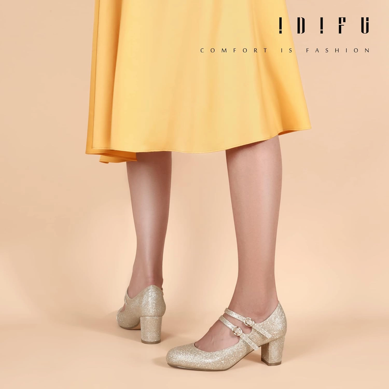 IDIFU Women's Dress Shoes for Women Pumps Mary Jane Heels Low Block Round Closed Toe Wedding Office Work