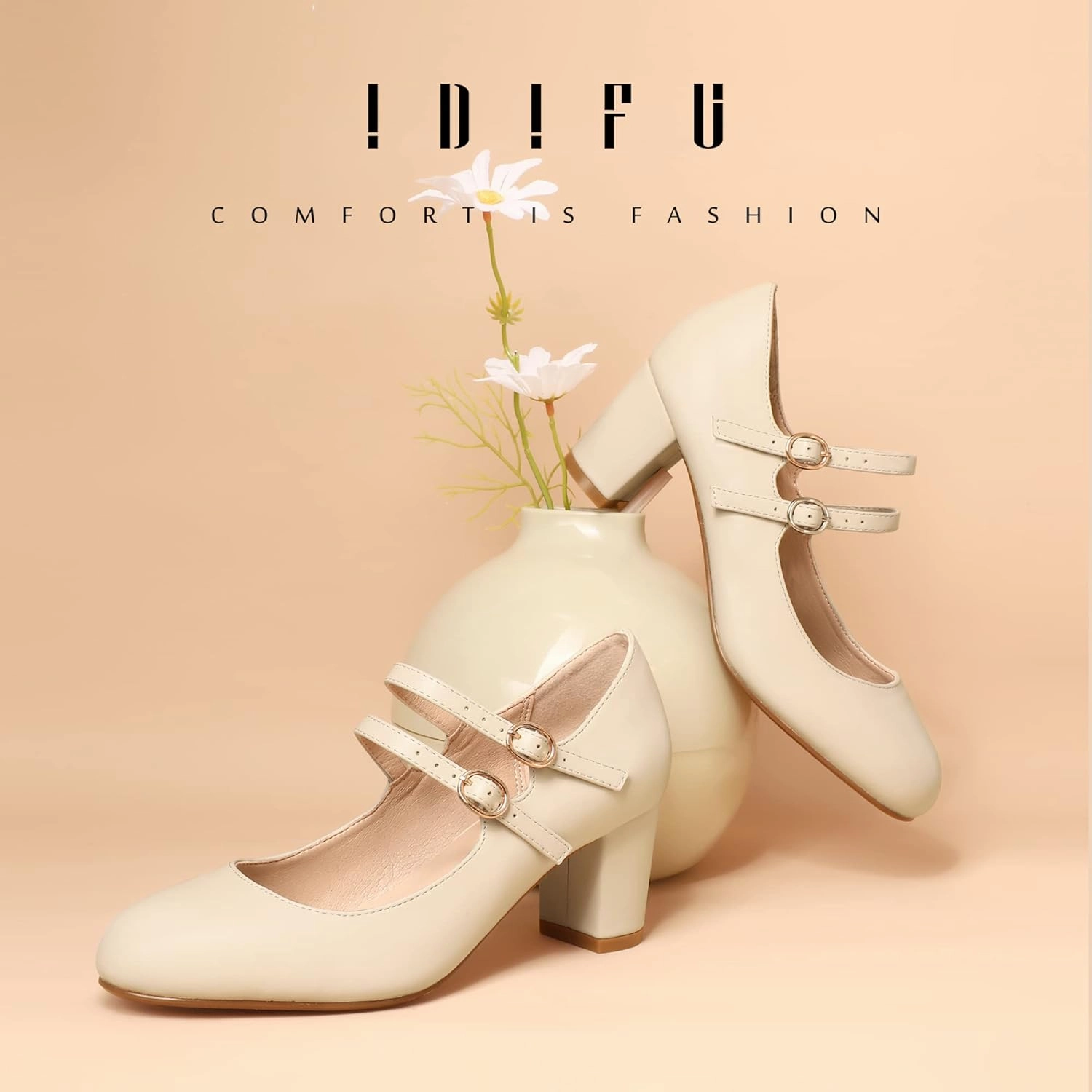 IDIFU Women's Dress Shoes for Women Pumps Mary Jane Heels Low Block Round Closed Toe Wedding Office Work