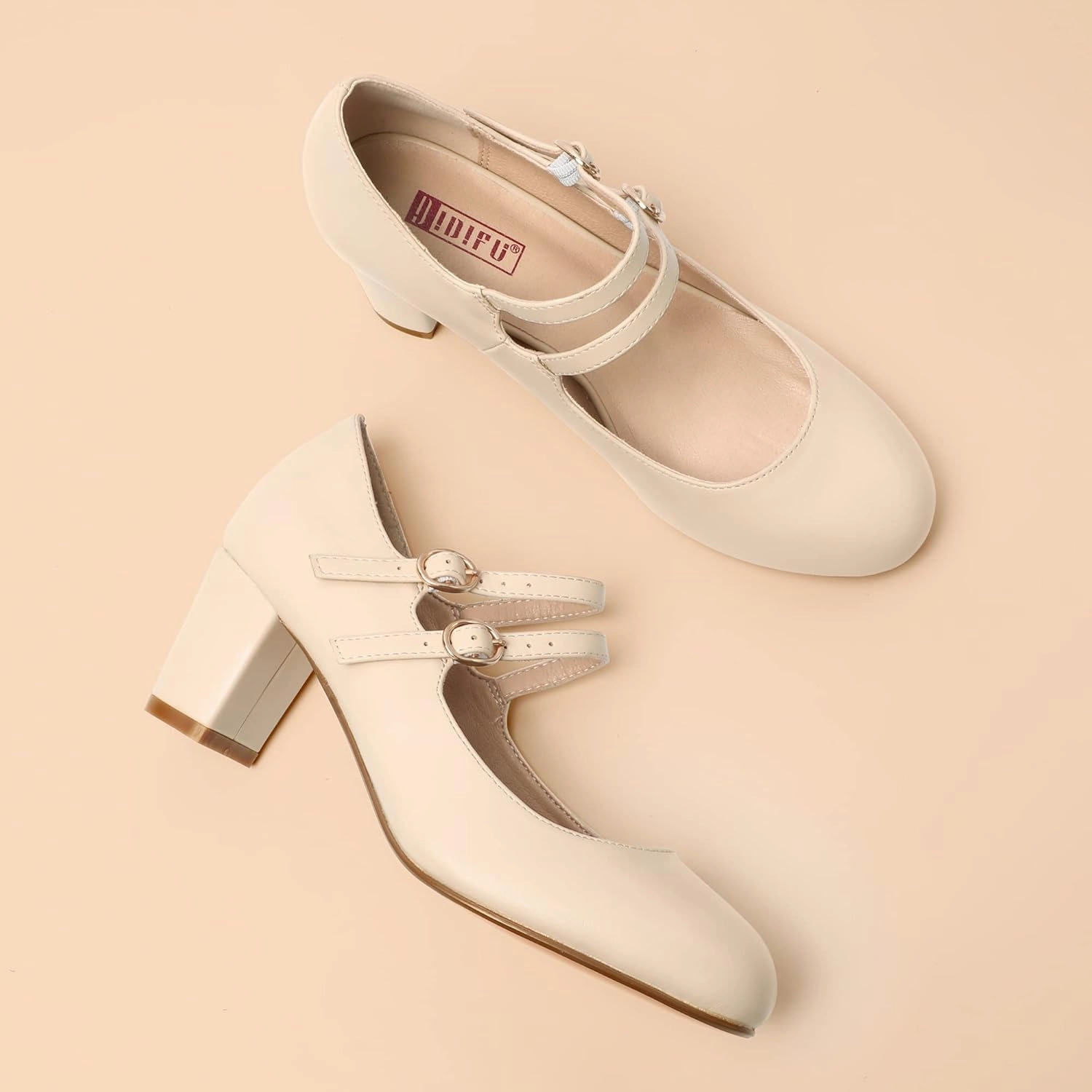 IDIFU Women's Dress Shoes for Women Pumps Mary Jane Heels Low Block Round Closed Toe Wedding Office Work