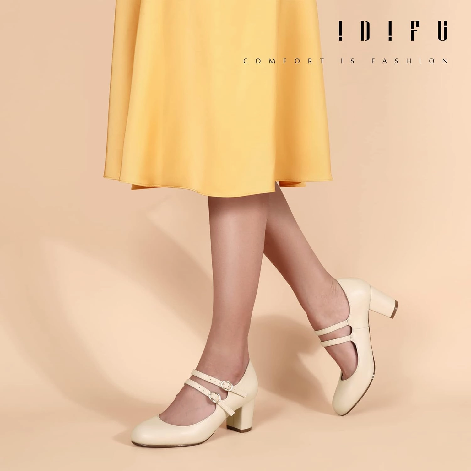 IDIFU Women's Dress Shoes for Women Pumps Mary Jane Heels Low Block Round Closed Toe Wedding Office Work