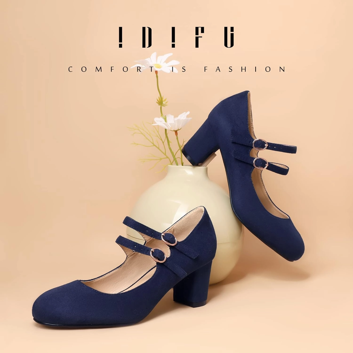 IDIFU Women's Dress Shoes for Women Pumps Mary Jane Heels Low Block Round Closed Toe Wedding Office Work