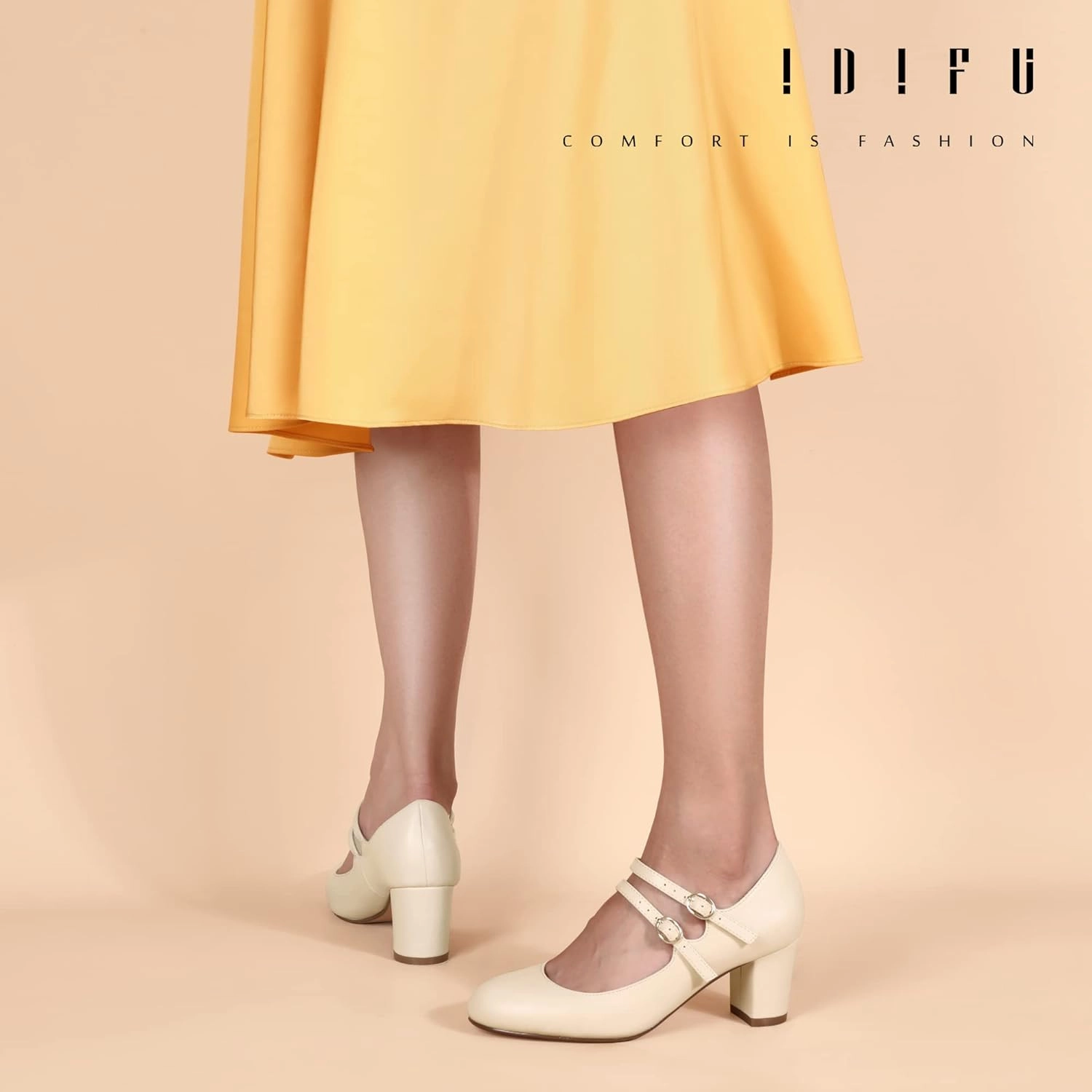 IDIFU Women's Dress Shoes for Women Pumps Mary Jane Heels Low Block Round Closed Toe Wedding Office Work