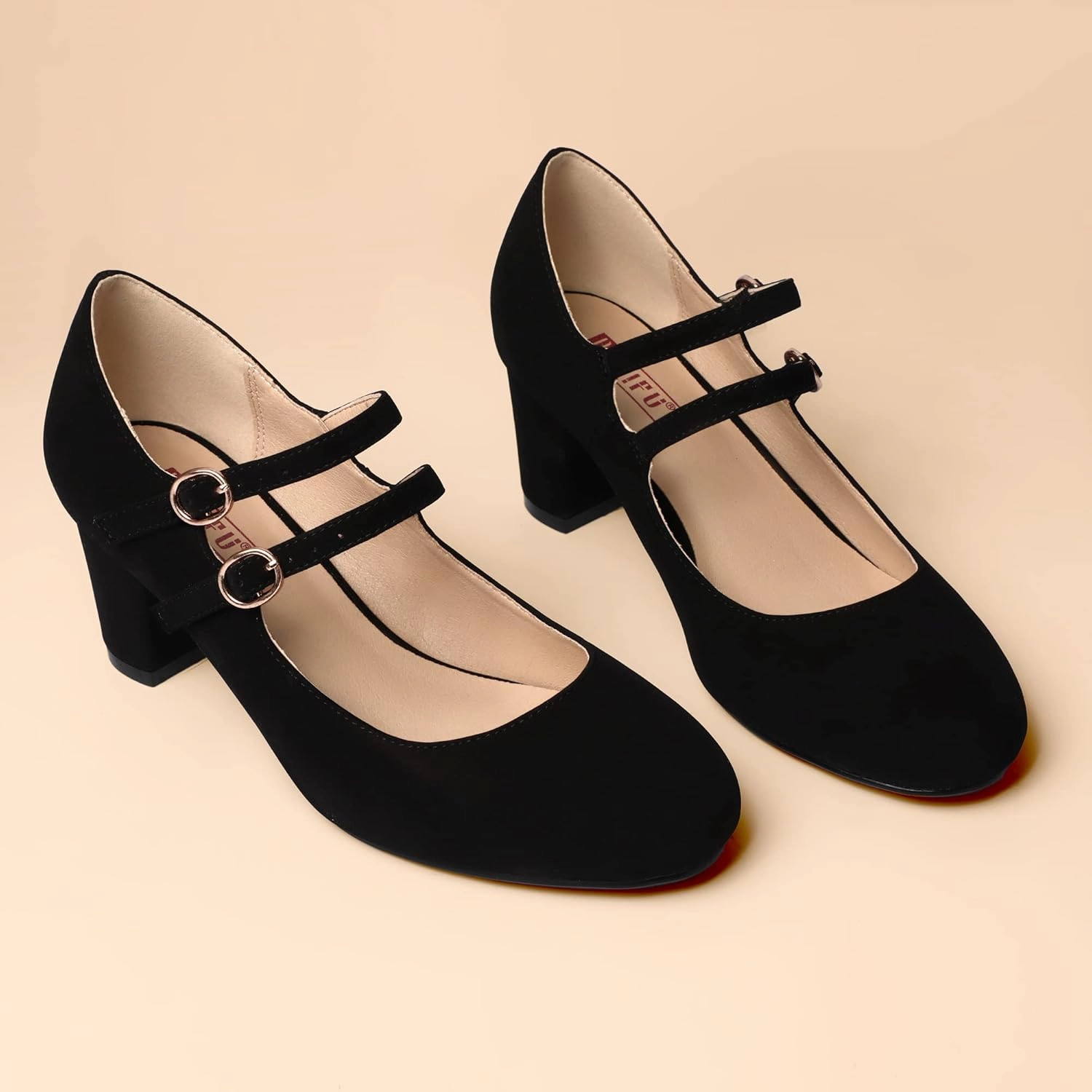 IDIFU Women's Dress Shoes for Women Pumps Mary Jane Heels Low Block Round Closed Toe Wedding Office Work