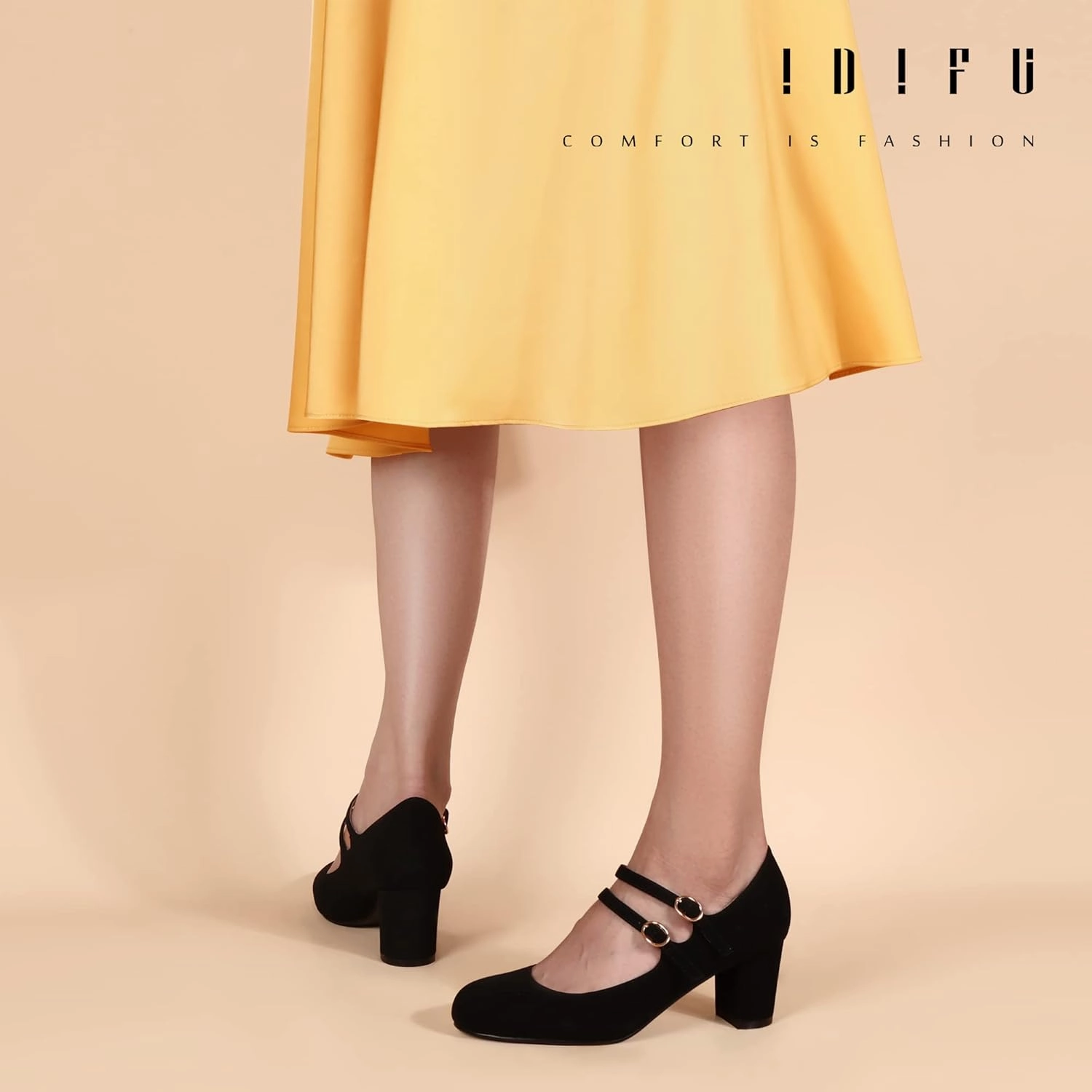 IDIFU Women's Dress Shoes for Women Pumps Mary Jane Heels Low Block Round Closed Toe Wedding Office Work