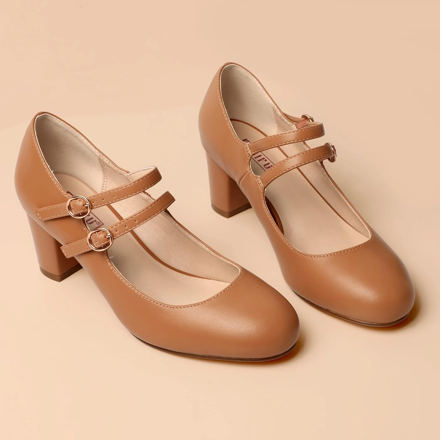 IDIFU Women's Dress Shoes for Women Pumps Mary Jane Heels Low Block Round Closed Toe Wedding Office Work