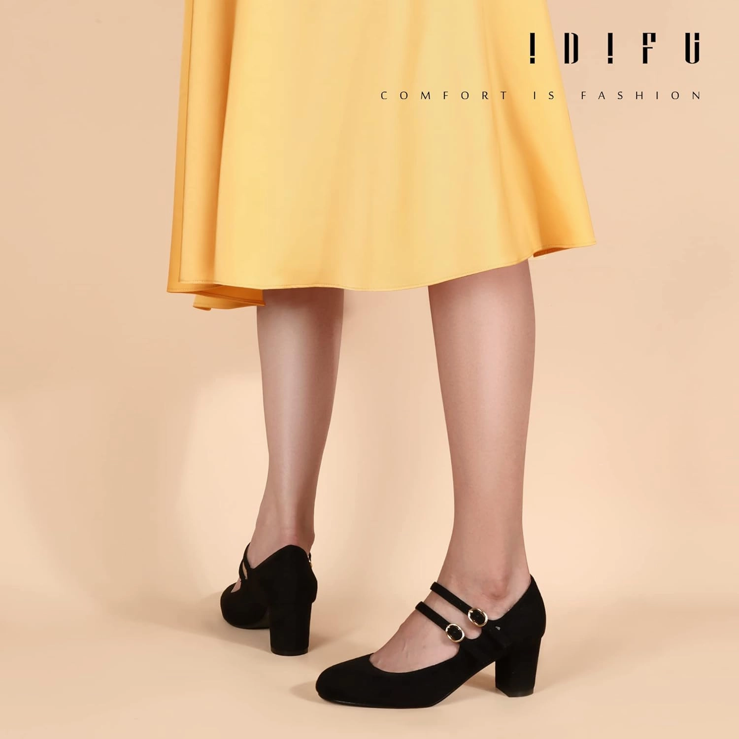 IDIFU Women's Dress Shoes for Women Pumps Mary Jane Heels Low Block Round Closed Toe Wedding Office Work