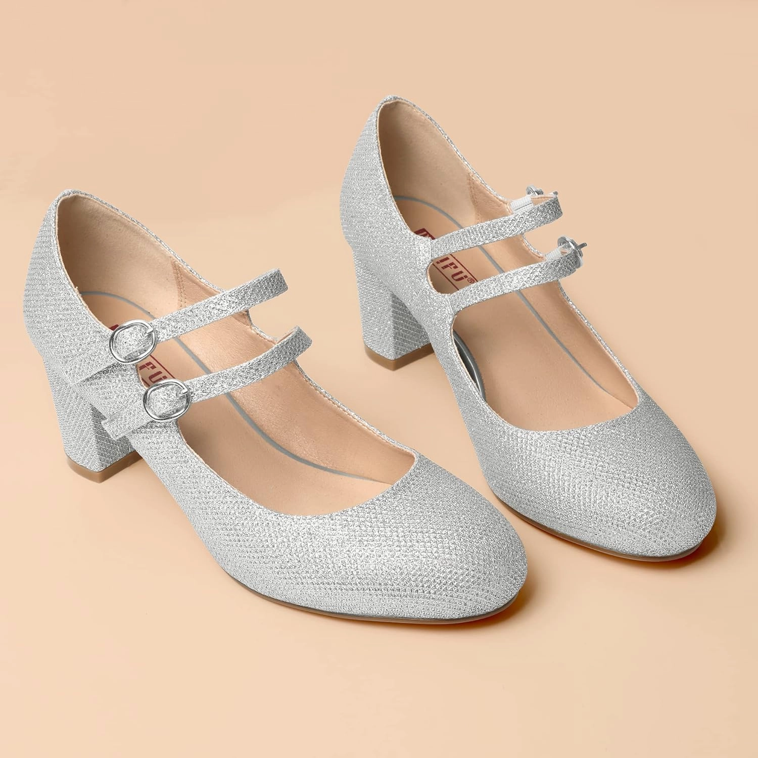 IDIFU Women's Dress Shoes for Women Pumps Mary Jane Heels Low Block Round Closed Toe Wedding Office Work