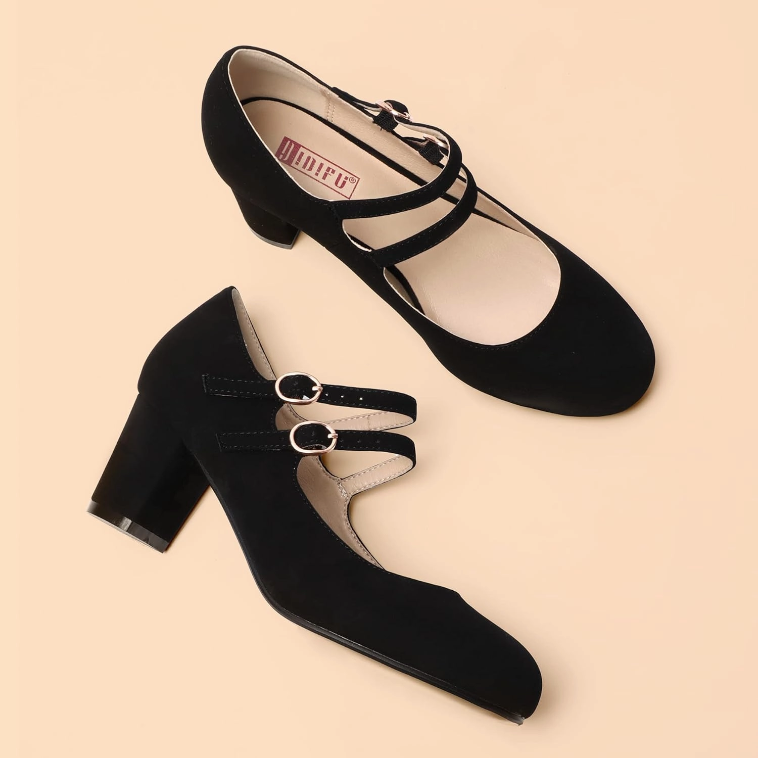IDIFU Women's Dress Shoes for Women Pumps Mary Jane Heels Low Block Round Closed Toe Wedding Office Work