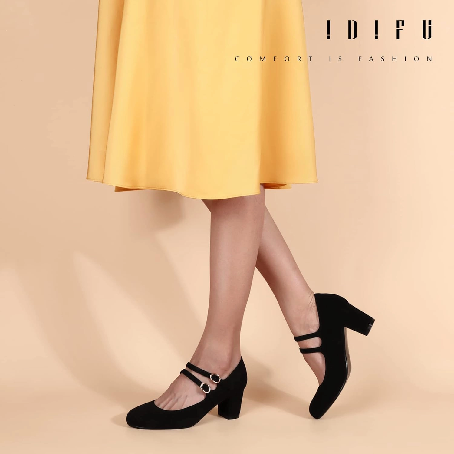 IDIFU Women's Dress Shoes for Women Pumps Mary Jane Heels Low Block Round Closed Toe Wedding Office Work