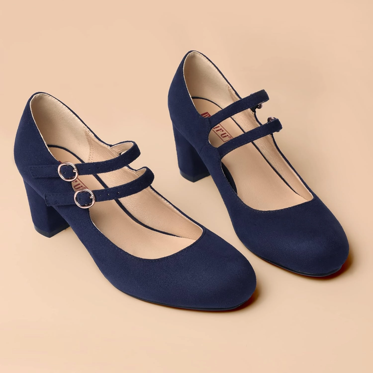 IDIFU Women's Dress Shoes for Women Pumps Mary Jane Heels Low Block Round Closed Toe Wedding Office Work