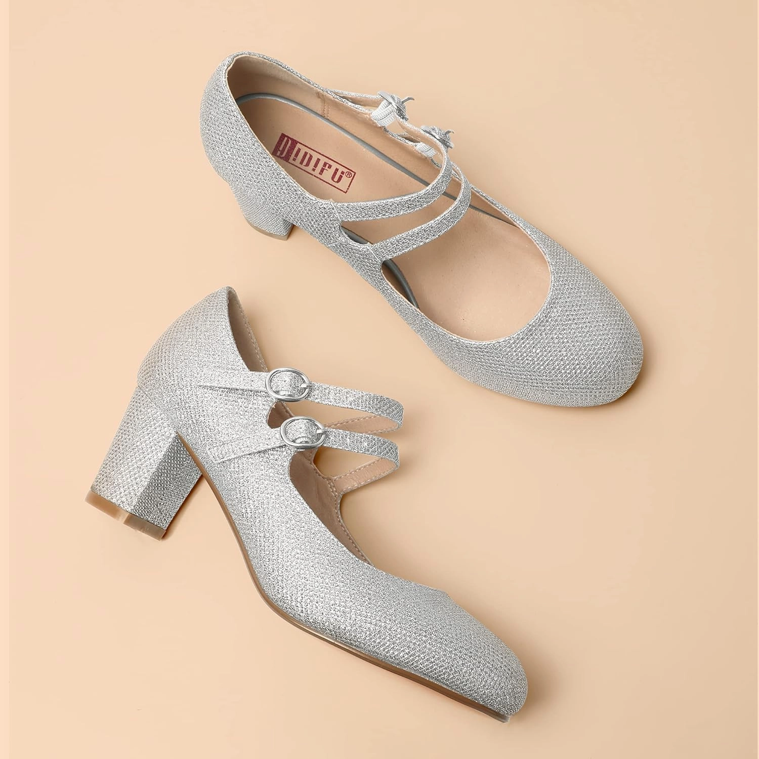 IDIFU Women's Dress Shoes for Women Pumps Mary Jane Heels Low Block Round Closed Toe Wedding Office Work