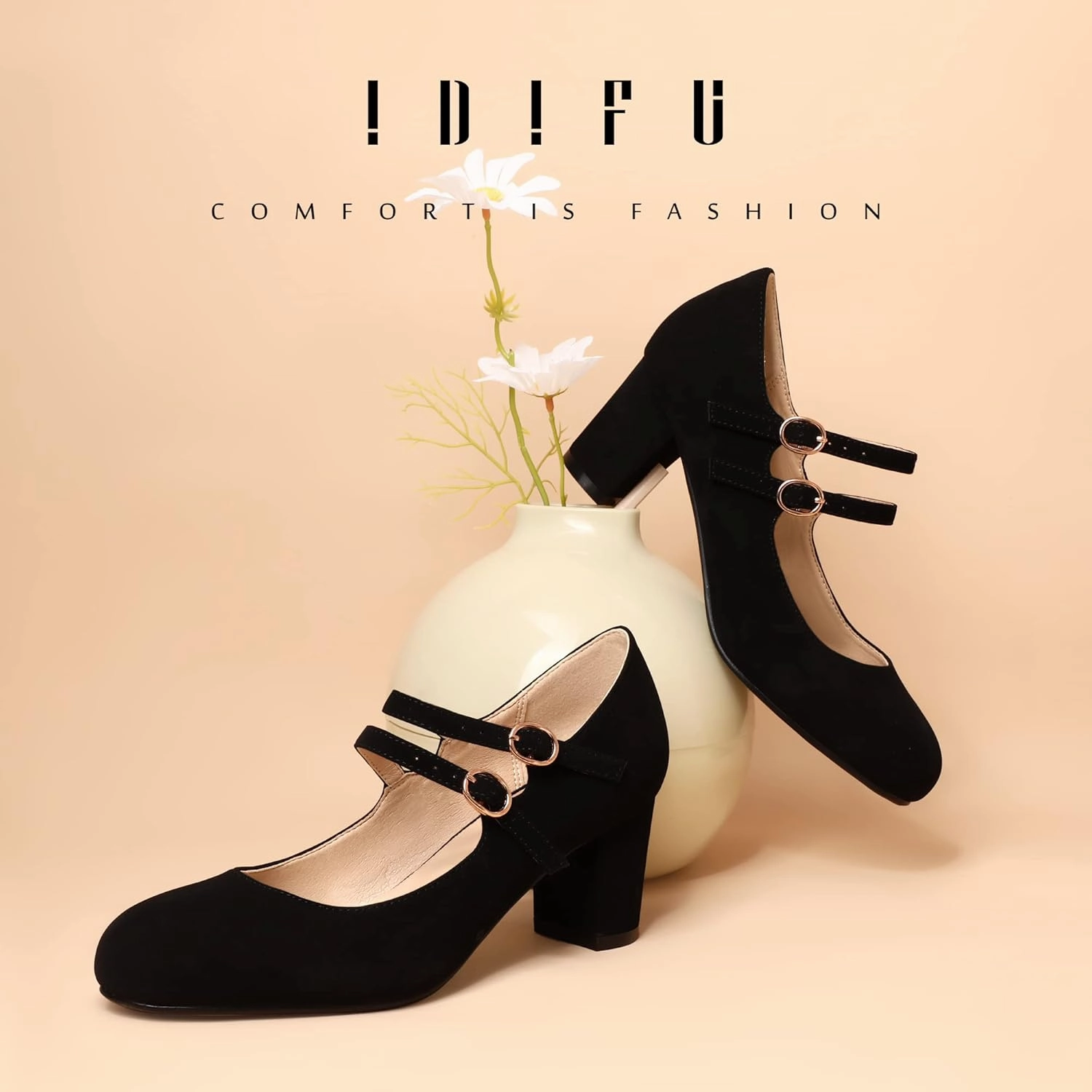 IDIFU Women's Dress Shoes for Women Pumps Mary Jane Heels Low Block Round Closed Toe Wedding Office Work
