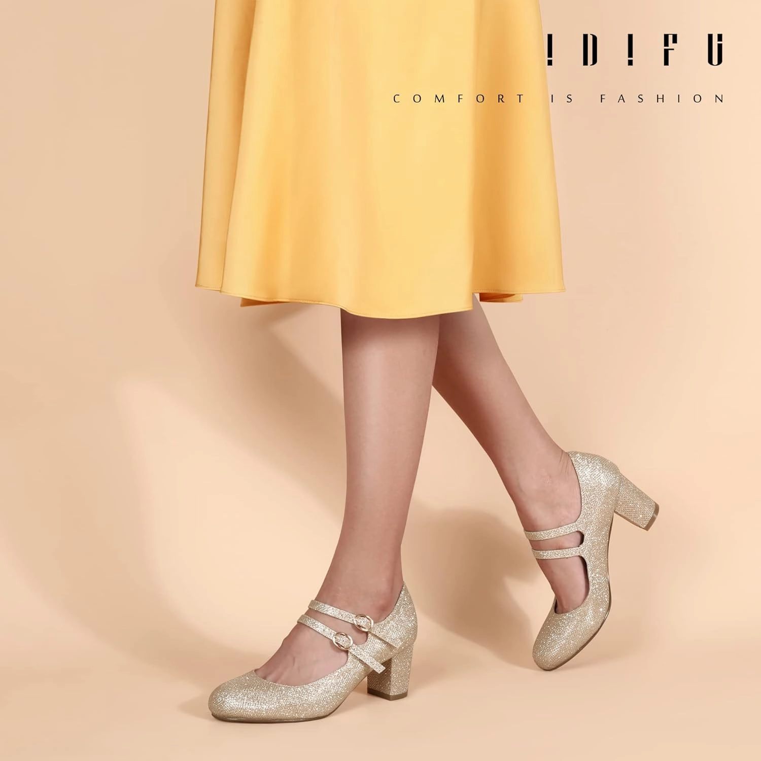 IDIFU Women's Dress Shoes for Women Pumps Mary Jane Heels Low Block Round Closed Toe Wedding Office Work