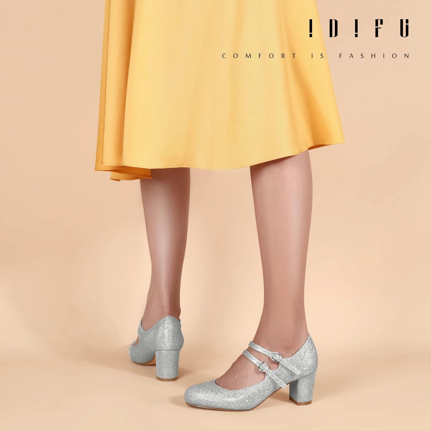 IDIFU Women's Dress Shoes for Women Pumps Mary Jane Heels Low Block Round Closed Toe Wedding Office Work