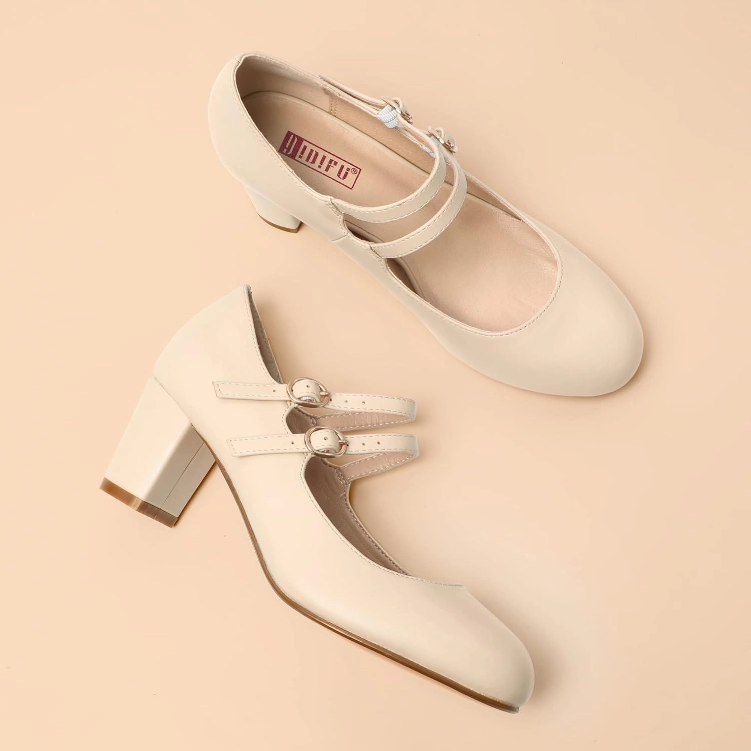 IDIFU Women's Dress Shoes for Women Pumps Mary Jane Heels Low Block Round Closed Toe Wedding Office Work