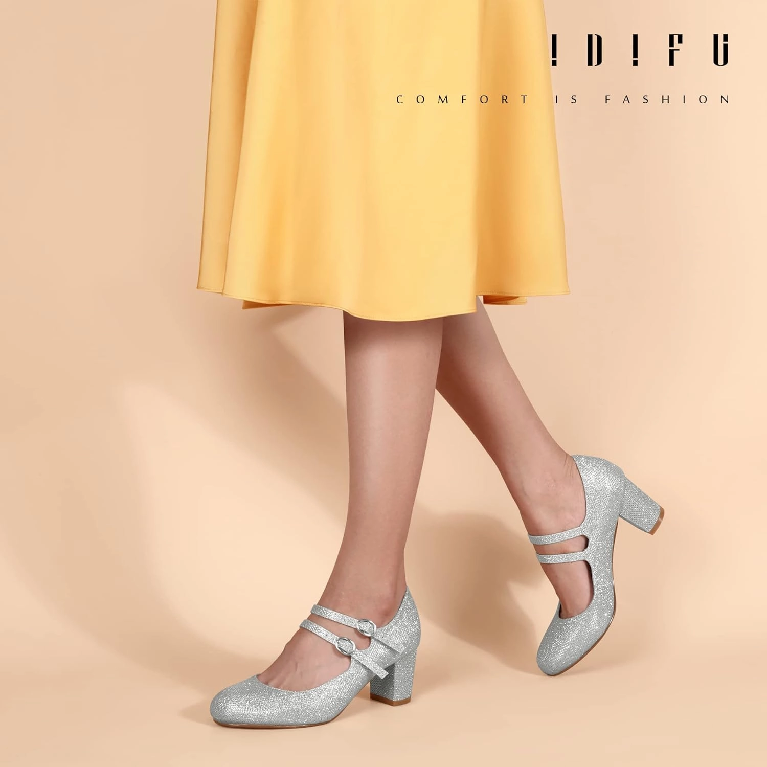 IDIFU Women's Dress Shoes for Women Pumps Mary Jane Heels Low Block Round Closed Toe Wedding Office Work