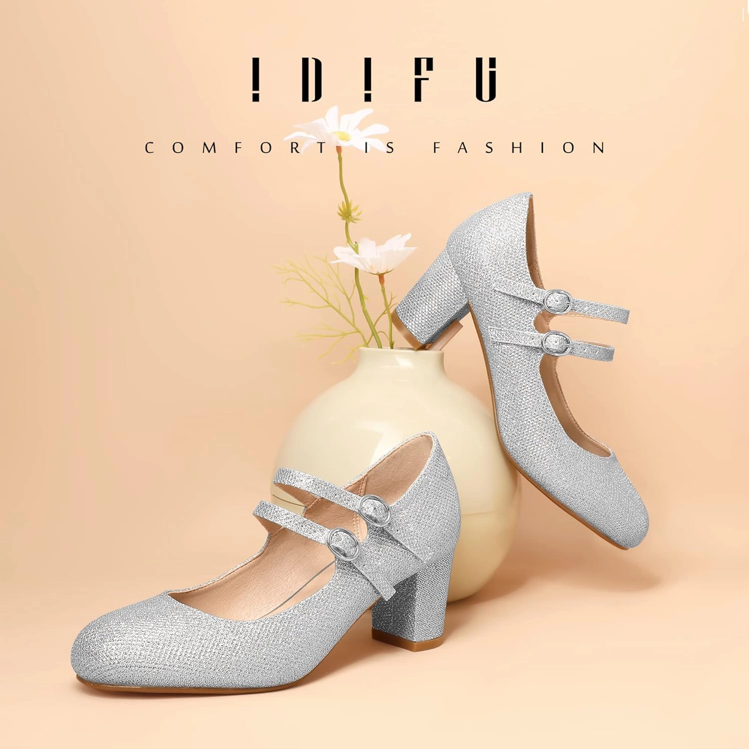 IDIFU Women's Dress Shoes for Women Pumps Mary Jane Heels Low Block Round Closed Toe Wedding Office Work
