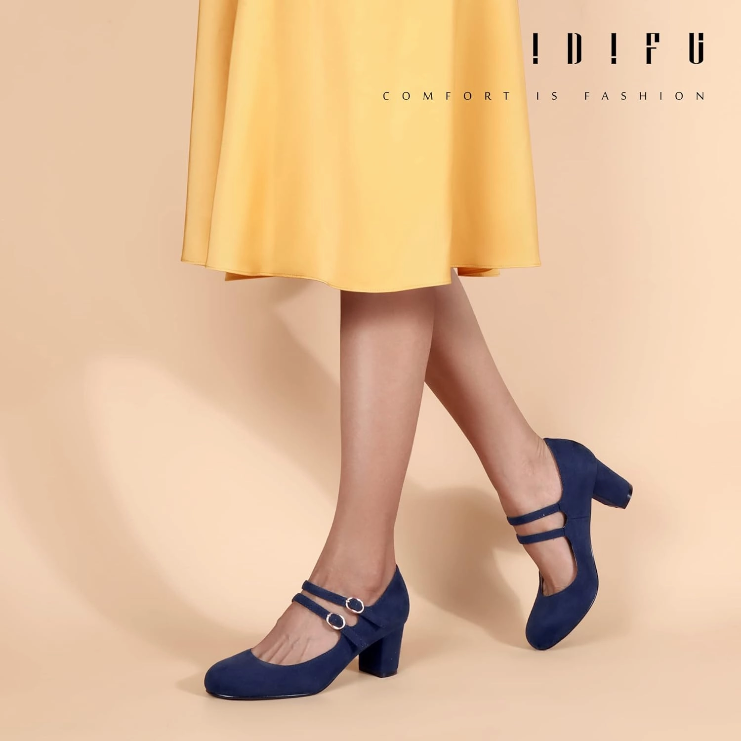 IDIFU Women's Dress Shoes for Women Pumps Mary Jane Heels Low Block Round Closed Toe Wedding Office Work