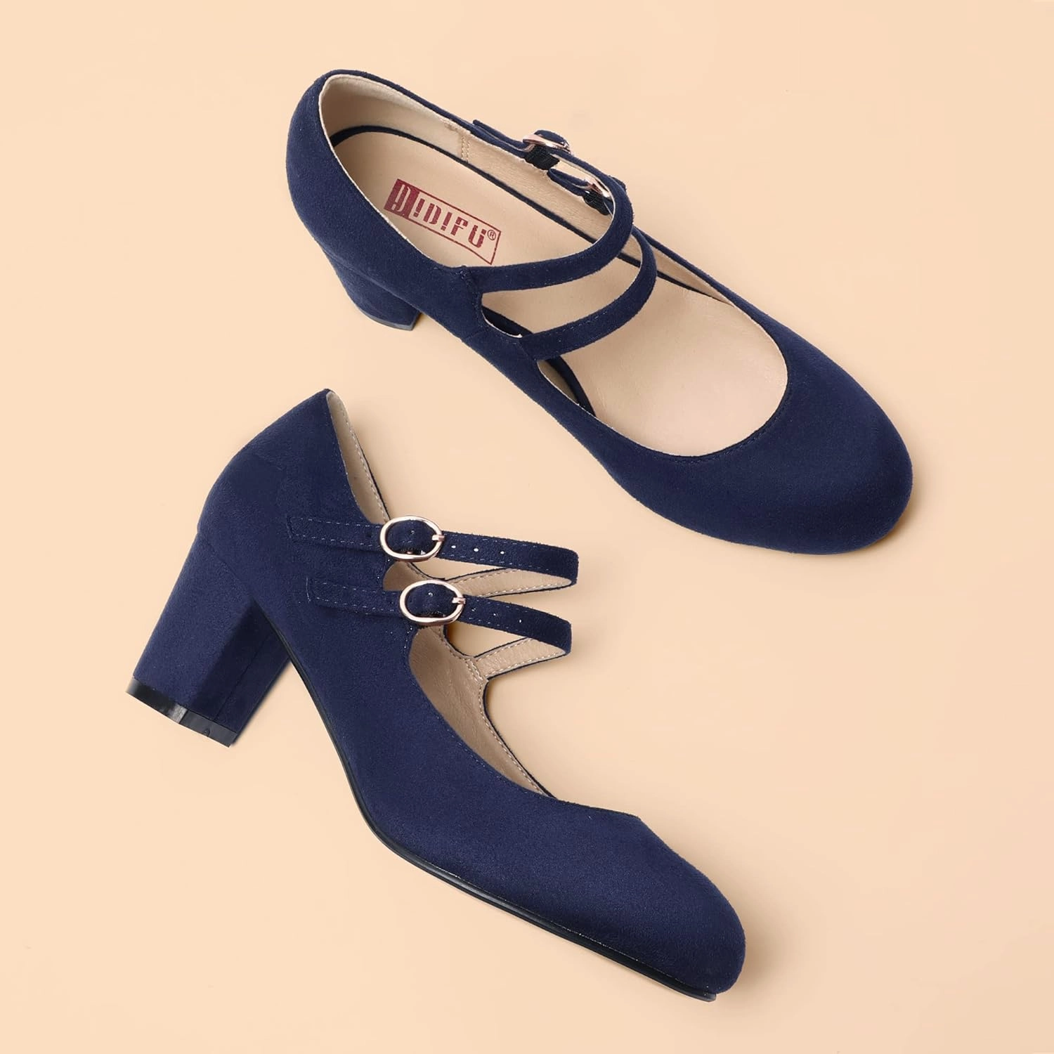IDIFU Women's Dress Shoes for Women Pumps Mary Jane Heels Low Block Round Closed Toe Wedding Office Work