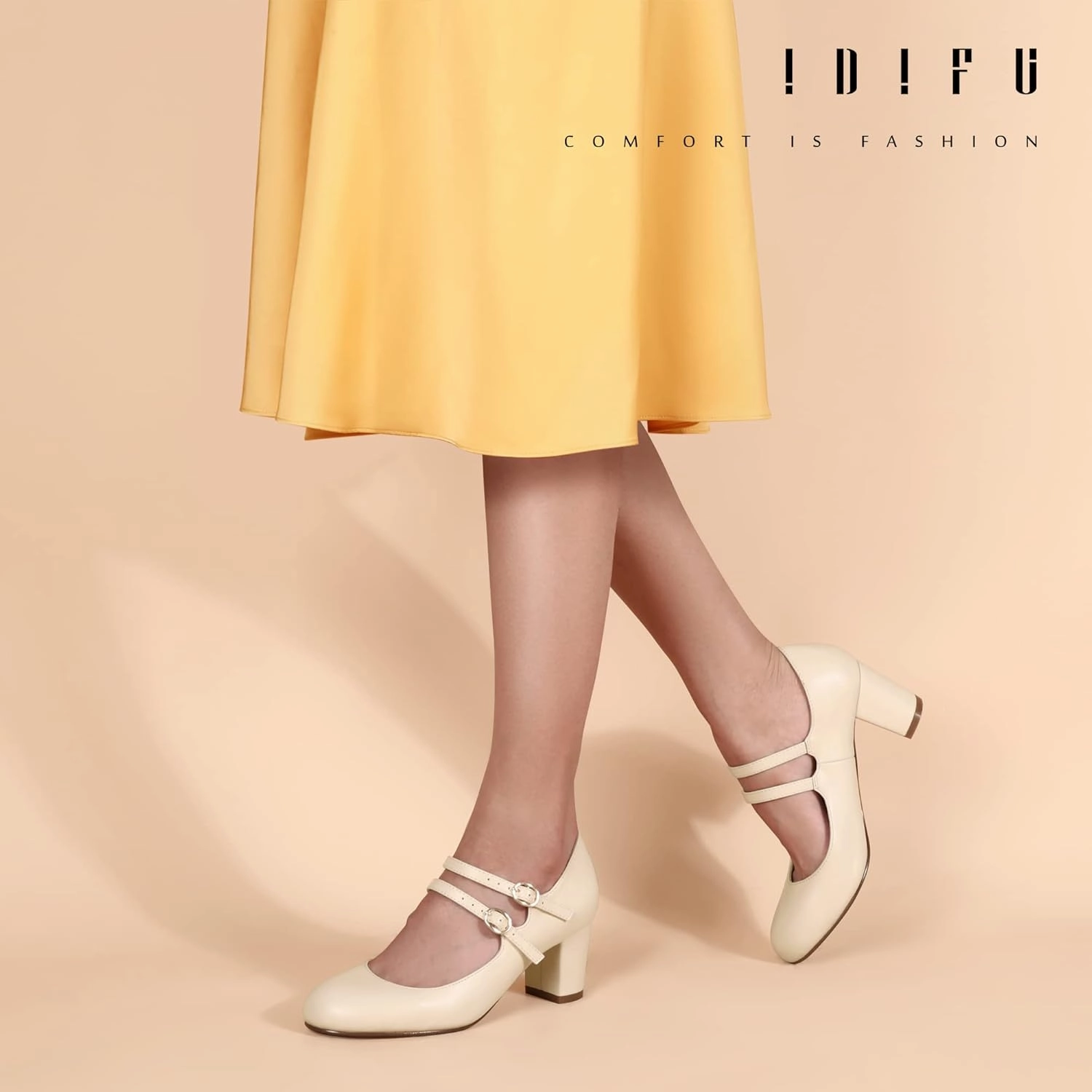 IDIFU Women's Dress Shoes for Women Pumps Mary Jane Heels Low Block Round Closed Toe Wedding Office Work