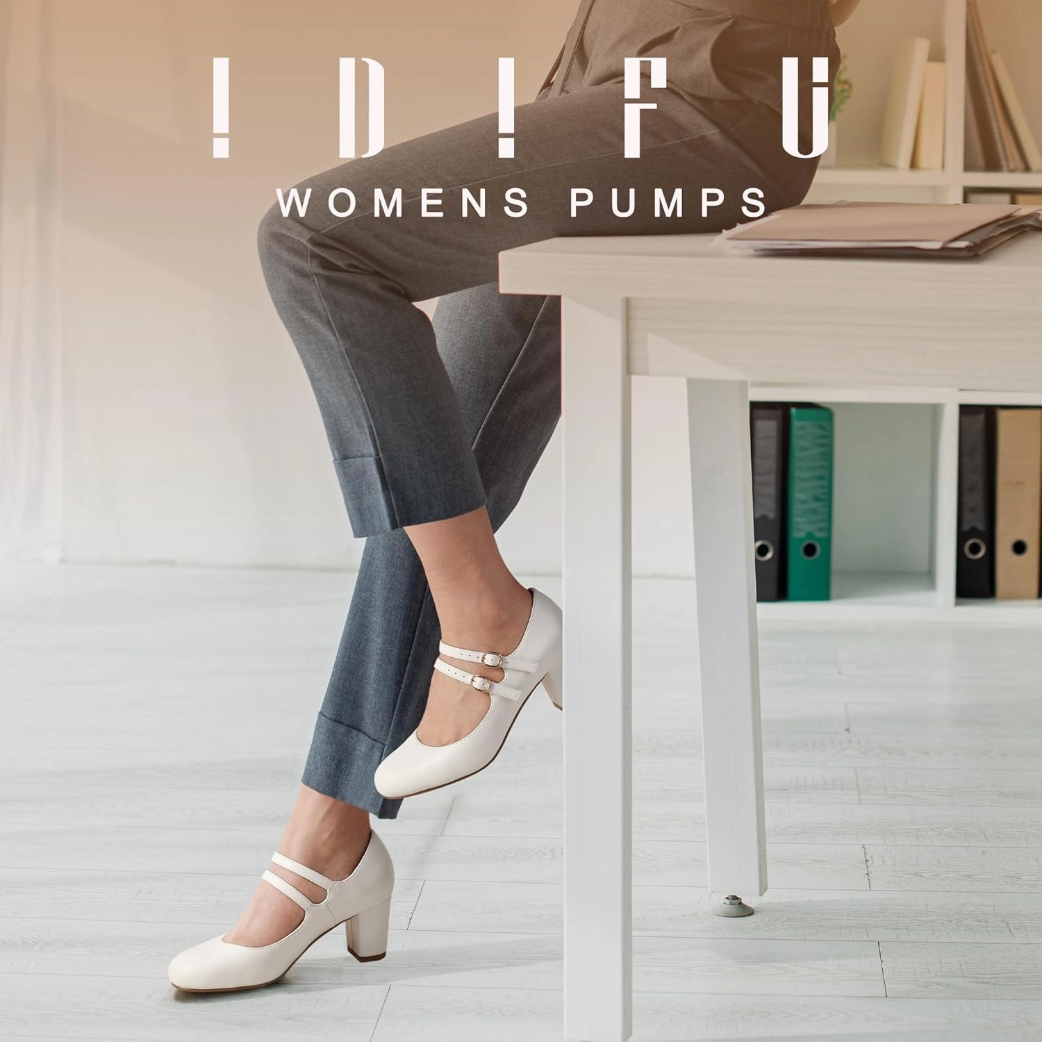 IDIFU Women's Dress Shoes for Women Pumps Mary Jane Heels Low Block Round Closed Toe Wedding Office Work