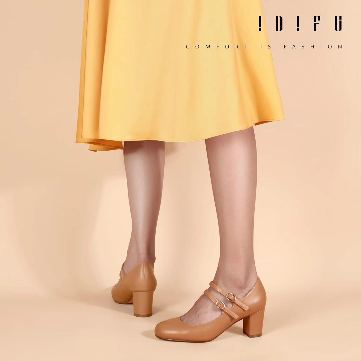 IDIFU Women's Dress Shoes for Women Pumps Mary Jane Heels Low Block Round Closed Toe Wedding Office Work