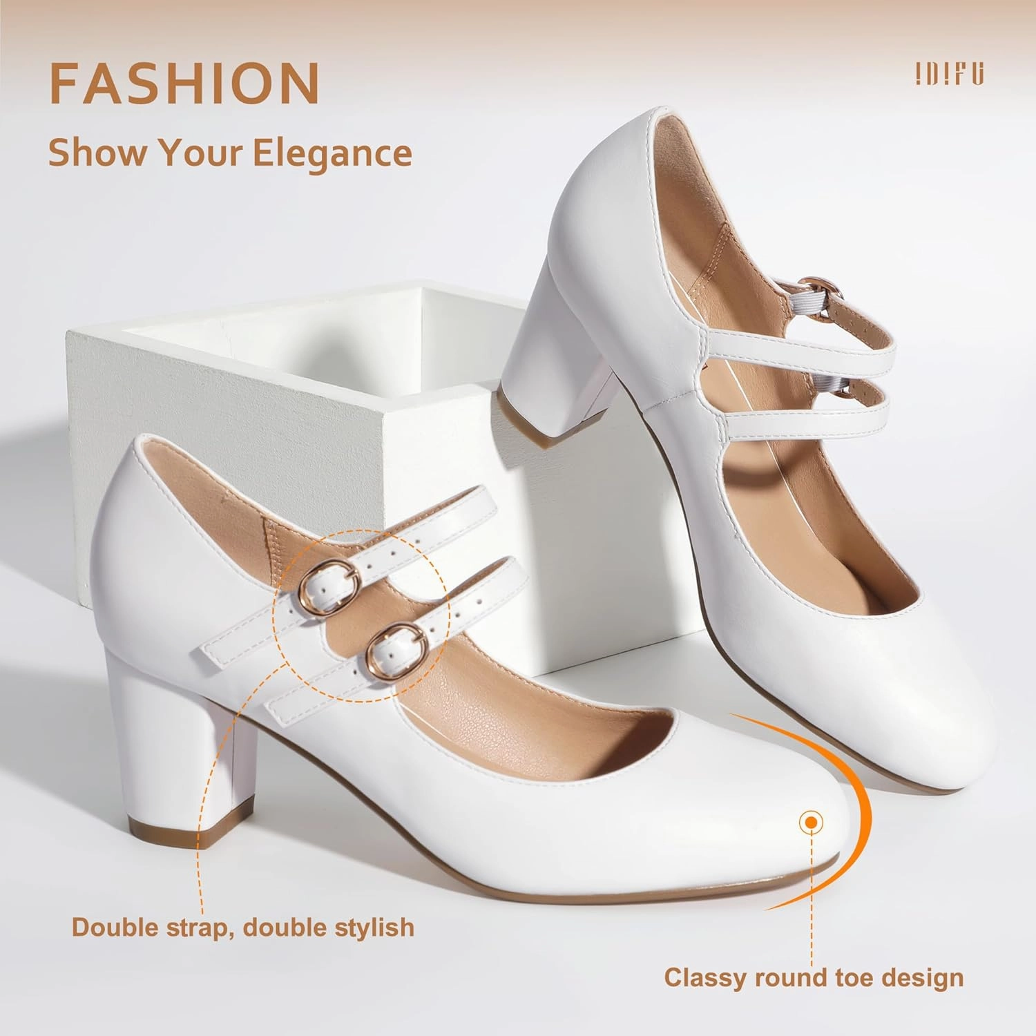 IDIFU Women's Dress Shoes for Women Pumps Mary Jane Heels Low Block Round Closed Toe Wedding Office Work