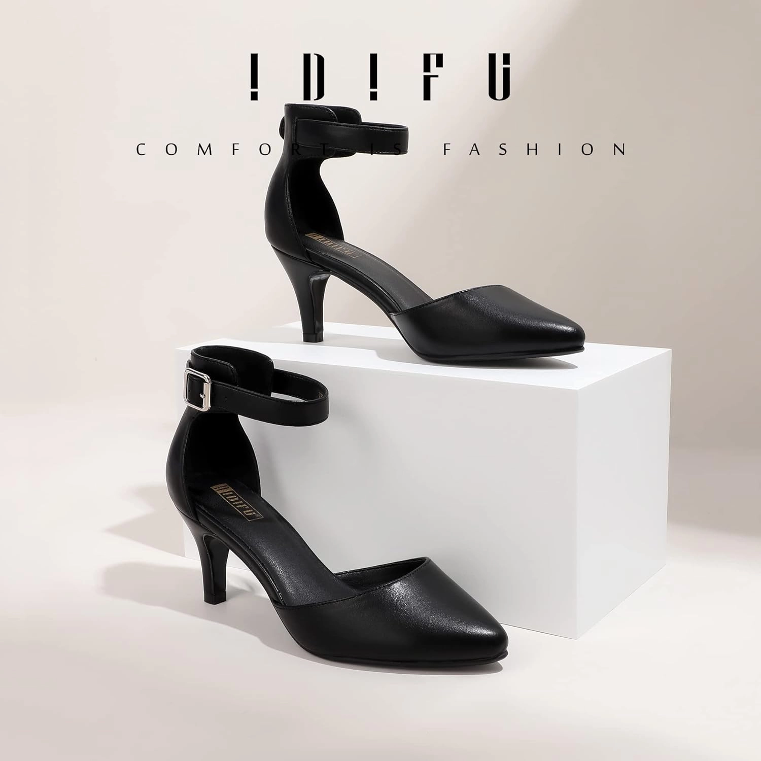 IDIFU Women's IN3 D'Orsay Pumps Low Kitten Heels for Women Dress Shoes Pointed Closed Toe Wedding Bride Ankle Strap Dressy Silver Black Nude White Gold Heels for Women