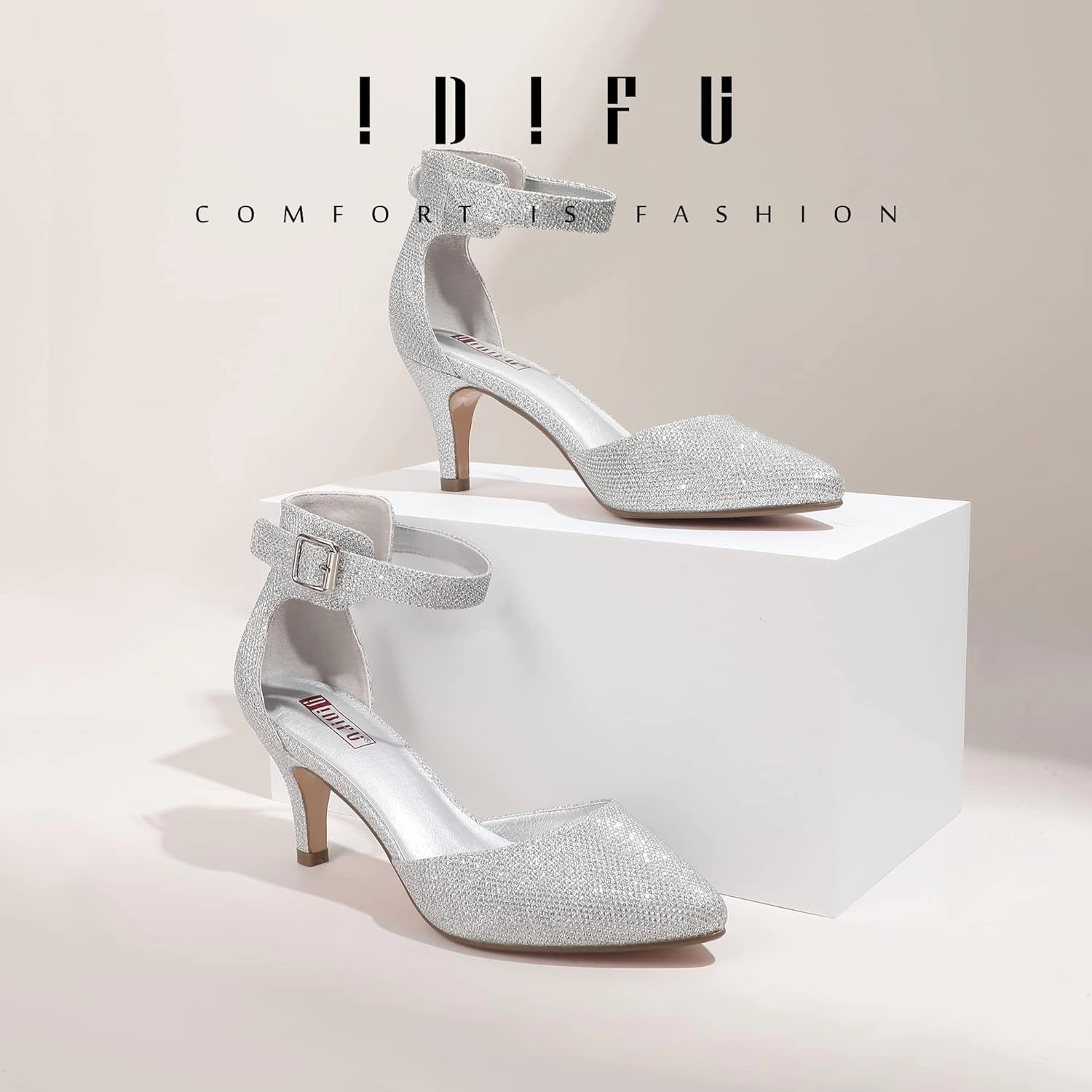 IDIFU Women's IN3 D'Orsay Pumps Low Kitten Heels for Women Dress Shoes Pointed Closed Toe Wedding Bride Ankle Strap Dressy Silver Black Nude White Gold Heels for Women