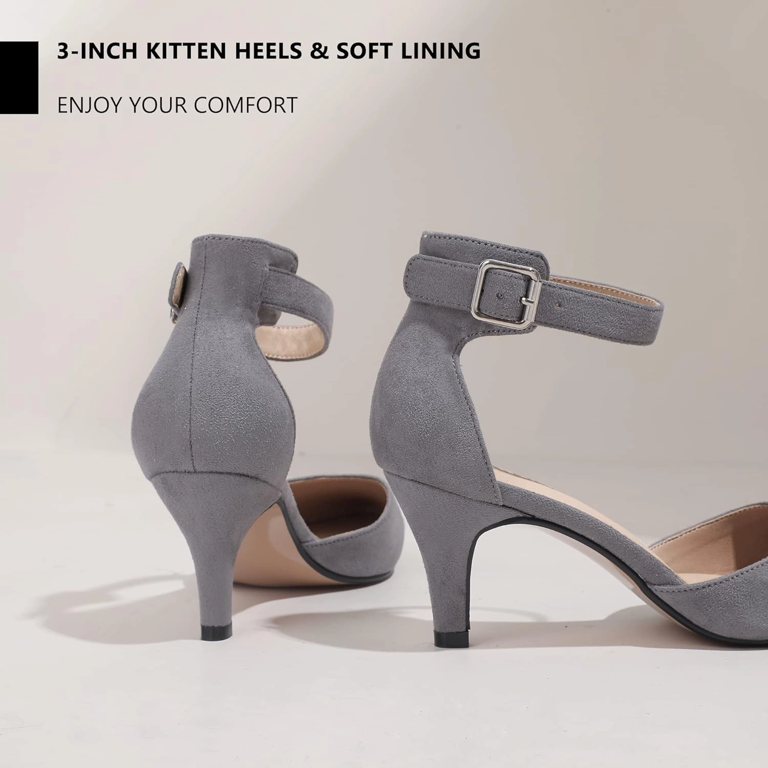 IDIFU Women's IN3 D'Orsay Pumps Low Kitten Heels for Women Dress Shoes Pointed Closed Toe Wedding Bride Ankle Strap Dressy Silver Black Nude White Gold Heels for Women