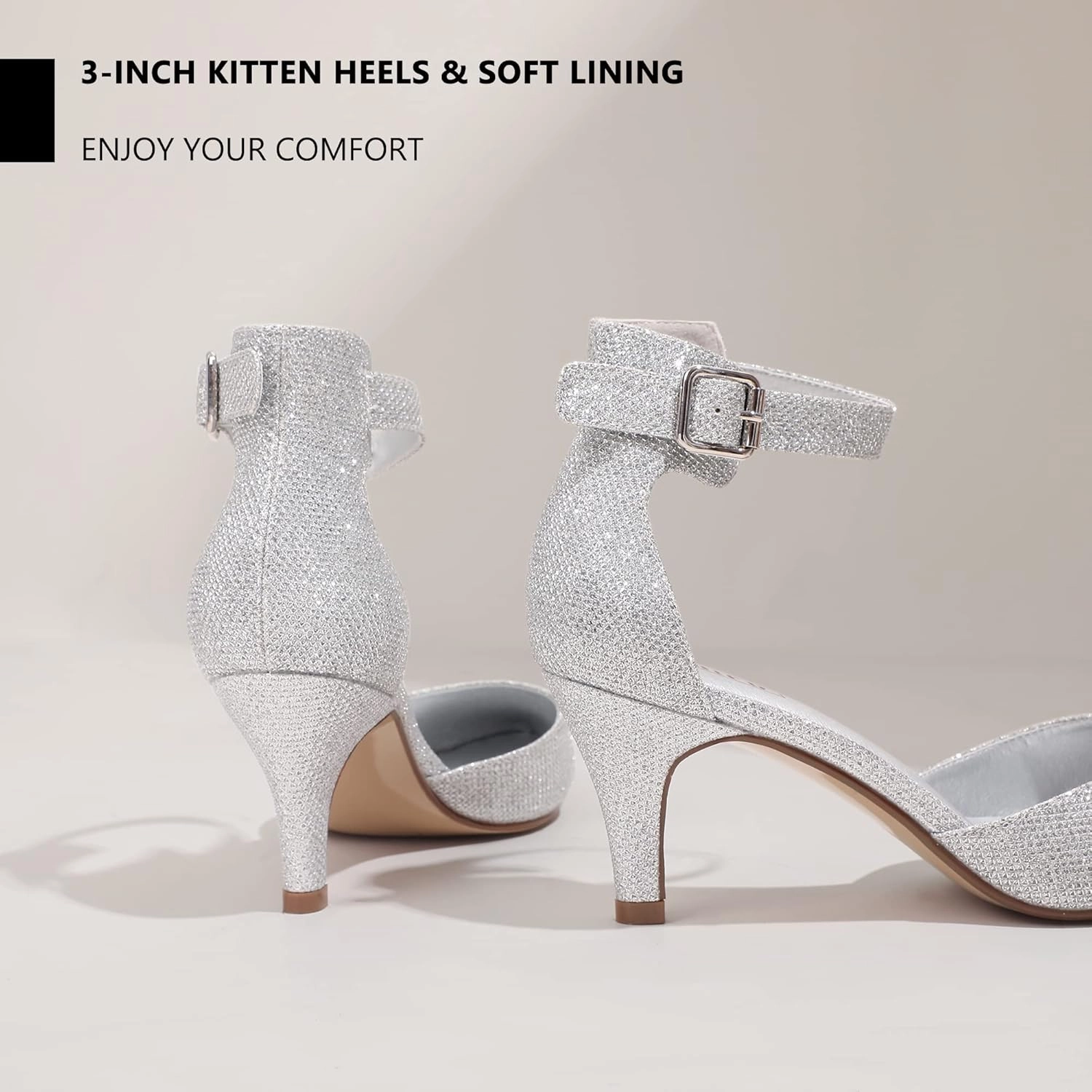 IDIFU Women's IN3 D'Orsay Pumps Low Kitten Heels for Women Dress Shoes Pointed Closed Toe Wedding Bride Ankle Strap Dressy Silver Black Nude White Gold Heels for Women