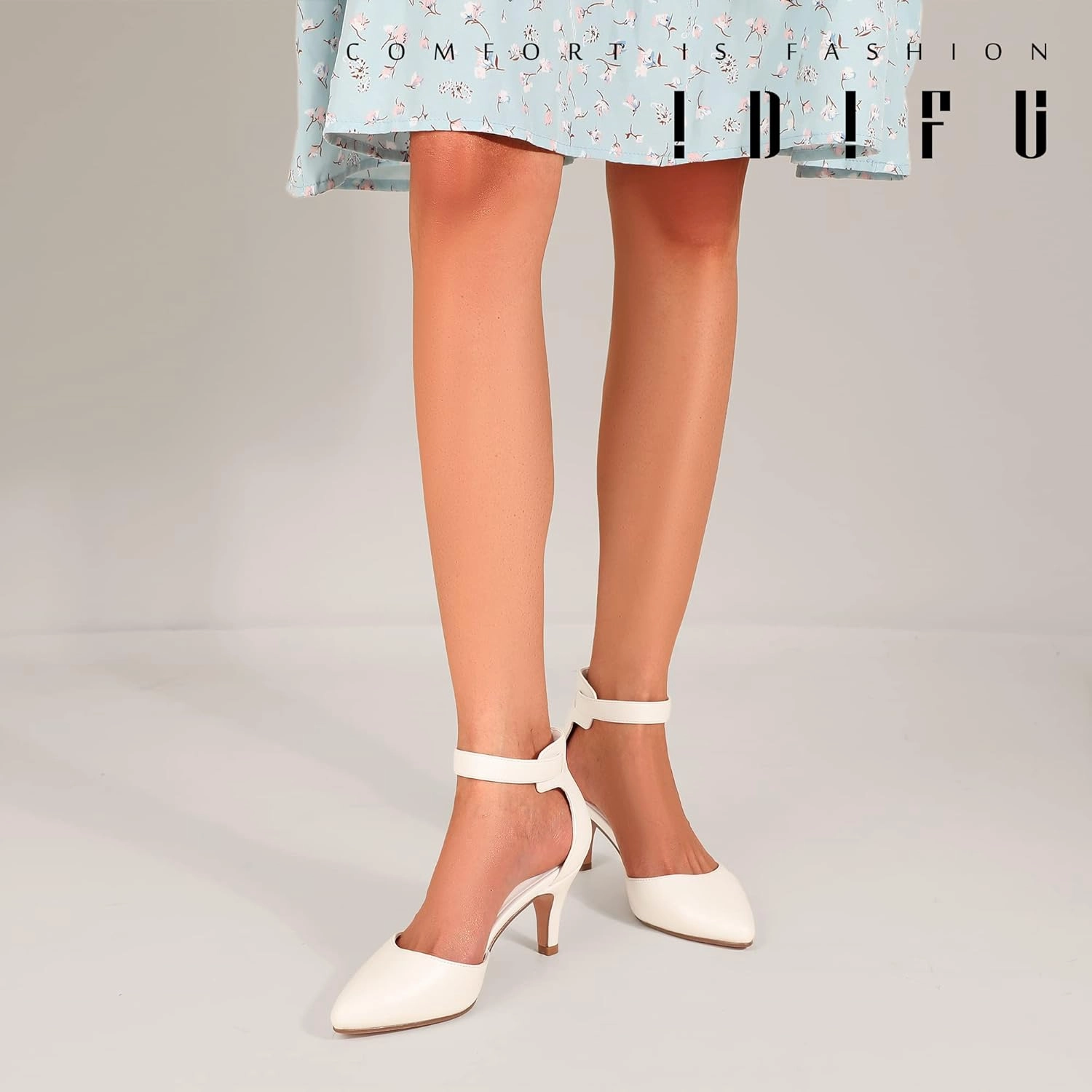 IDIFU Women's IN3 D'Orsay Pumps Low Kitten Heels for Women Dress Shoes Pointed Closed Toe Wedding Bride Ankle Strap Dressy Silver Black Nude White Gold Heels for Women