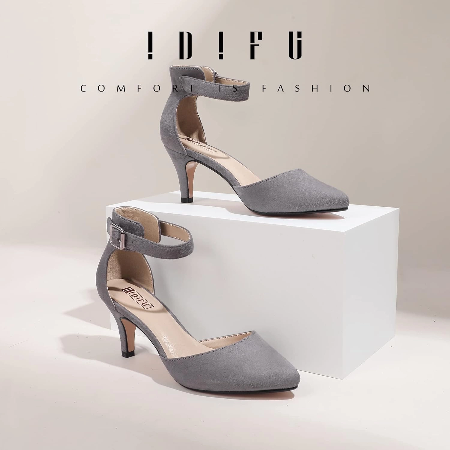 IDIFU Women's IN3 D'Orsay Pumps Low Kitten Heels for Women Dress Shoes Pointed Closed Toe Wedding Bride Ankle Strap Dressy Silver Black Nude White Gold Heels for Women