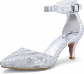 IDIFU Women's IN3 D'Orsay Pumps Low Kitten Heels for Women Dress Shoes Pointed Closed Toe Wedding Bride Ankle Strap Dressy Silver Black Nude White Gold Heels for Women