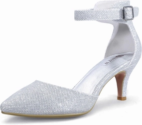 IDIFU Women's IN3 D'Orsay Pumps Low Kitten Heels for Women Dress Shoes Pointed Closed Toe Wedding Bride Ankle Strap Dressy Silver Black Nude White Gold Heels for Women