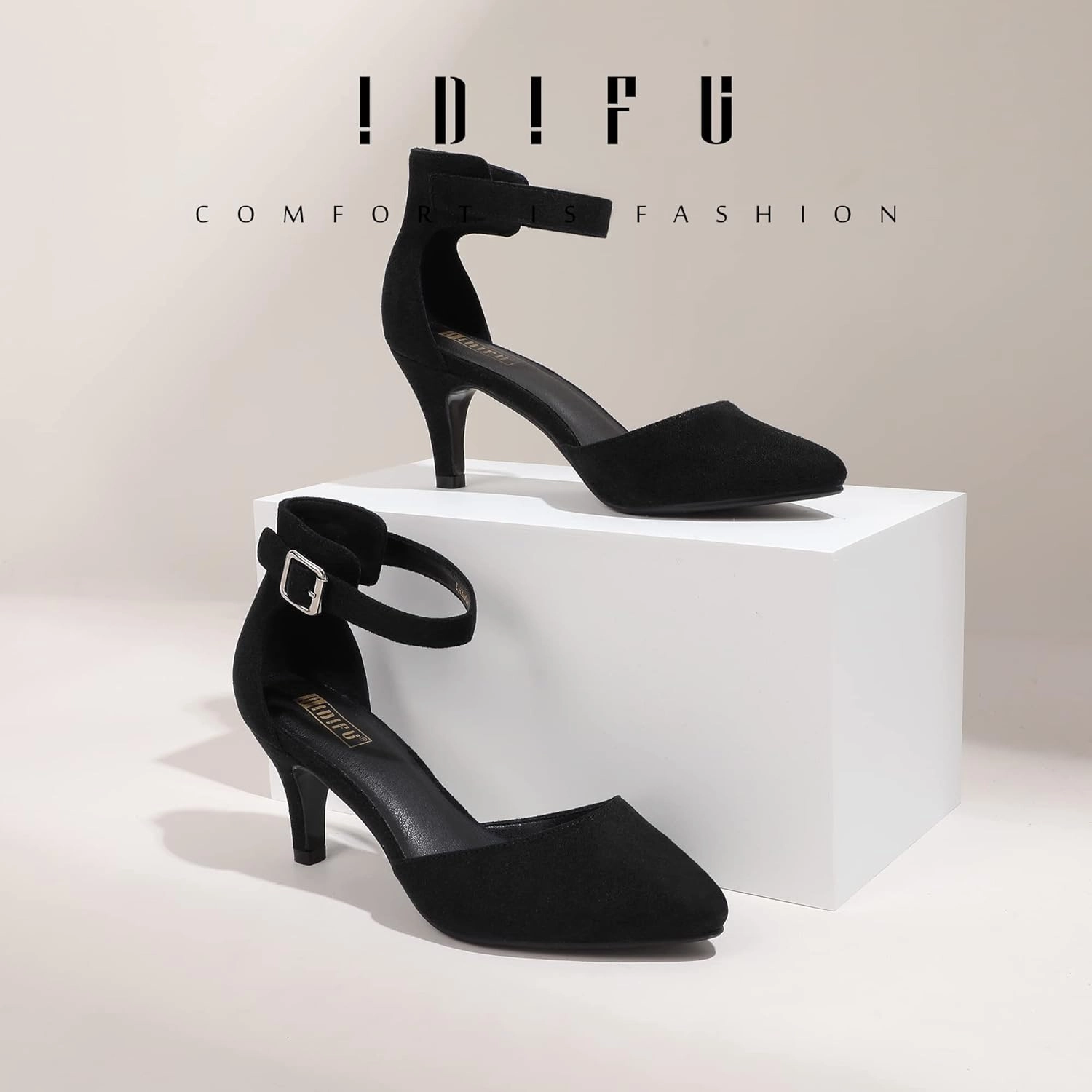 IDIFU Women's IN3 D'Orsay Pumps Low Kitten Heels for Women Dress Shoes Pointed Closed Toe Wedding Bride Ankle Strap Dressy Silver Black Nude White Gold Heels for Women
