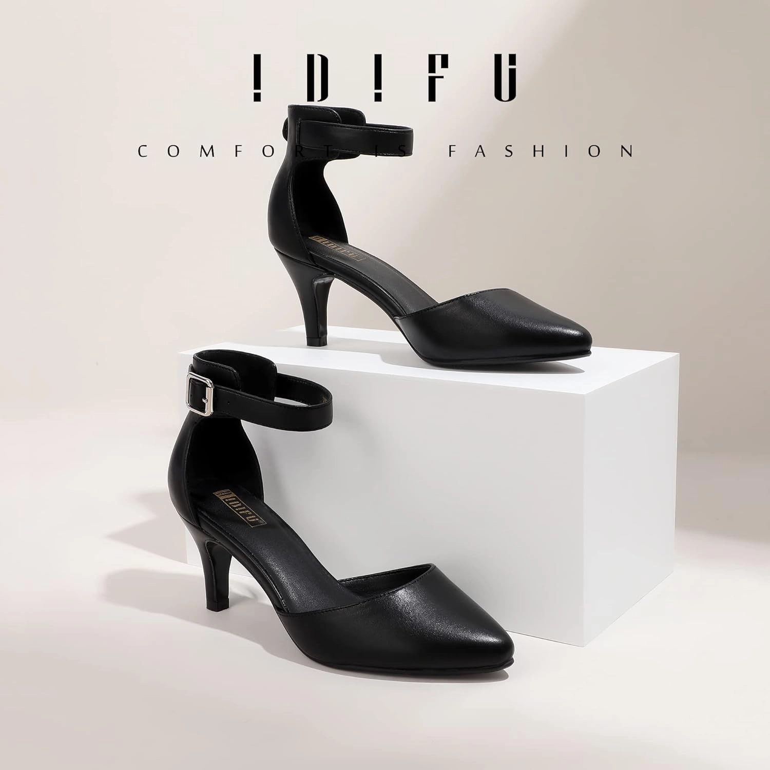 IDIFU Women's IN3 D'Orsay Pumps Low Kitten Heels for Women Dress Shoes Pointed Closed Toe Wedding Bride Ankle Strap Dressy Silver Black Nude White Gold Heels for Women