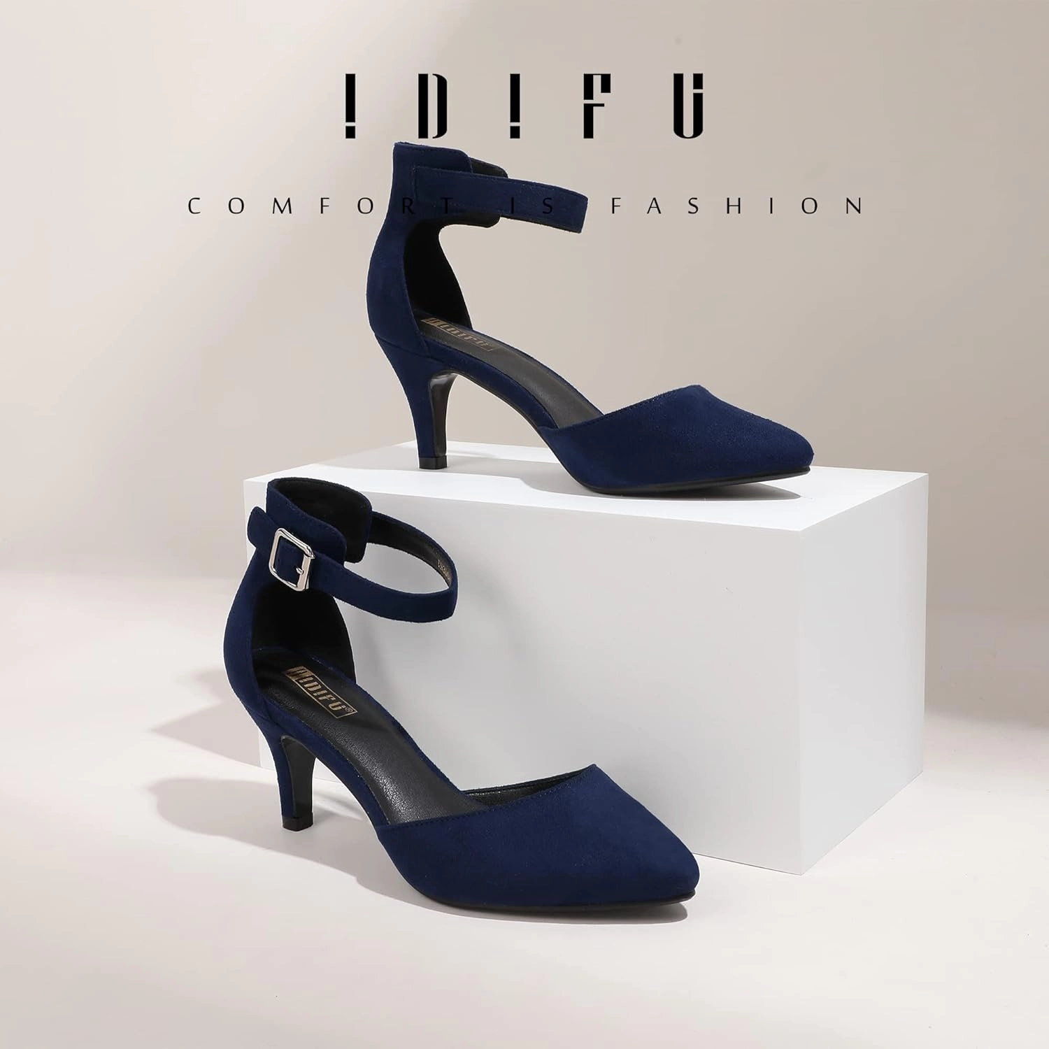 IDIFU Women's IN3 D'Orsay Pumps Low Kitten Heels for Women Dress Shoes Pointed Closed Toe Wedding Bride Ankle Strap Dressy Silver Black Nude White Gold Heels for Women