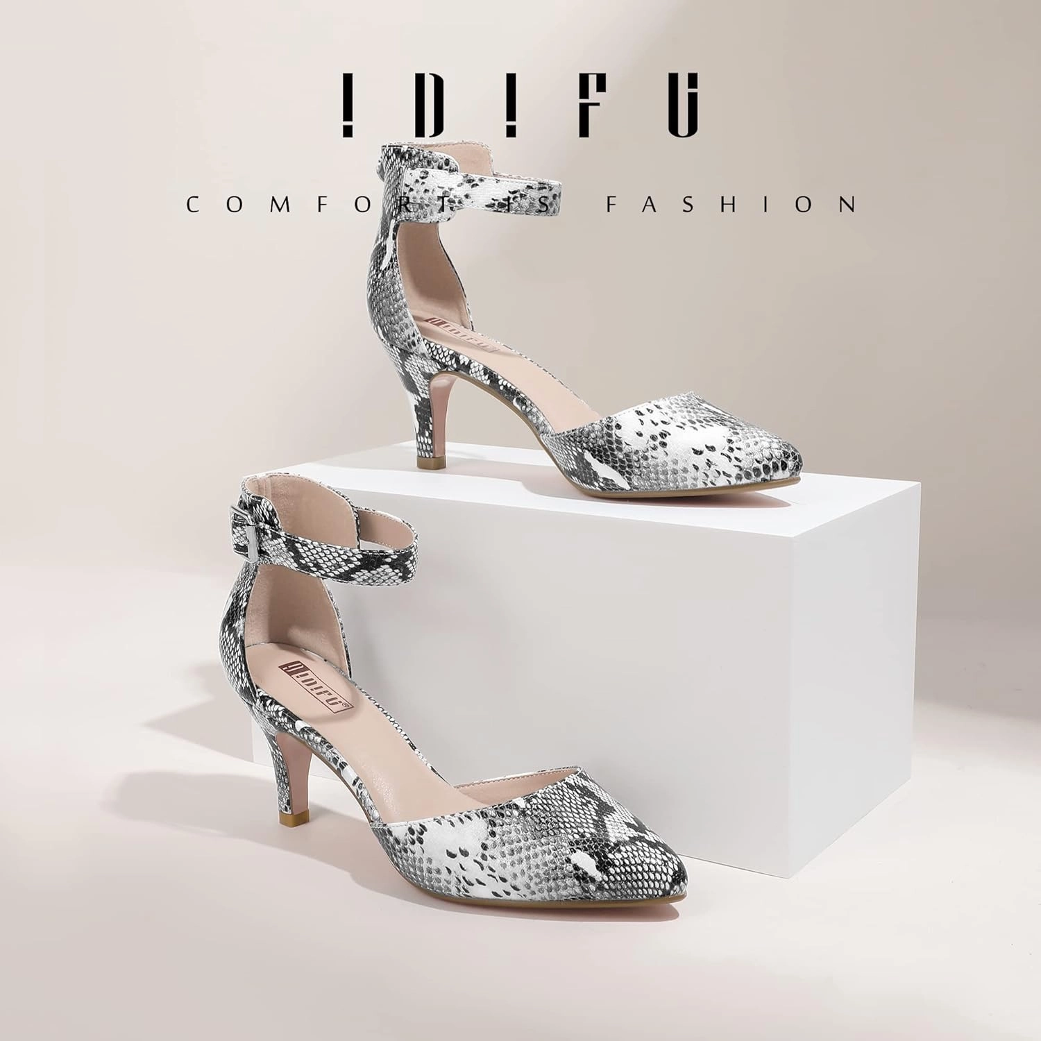 IDIFU Women's IN3 D'Orsay Pumps Low Kitten Heels for Women Dress Shoes Pointed Closed Toe Wedding Bride Ankle Strap Dressy Silver Black Nude White Gold Heels for Women