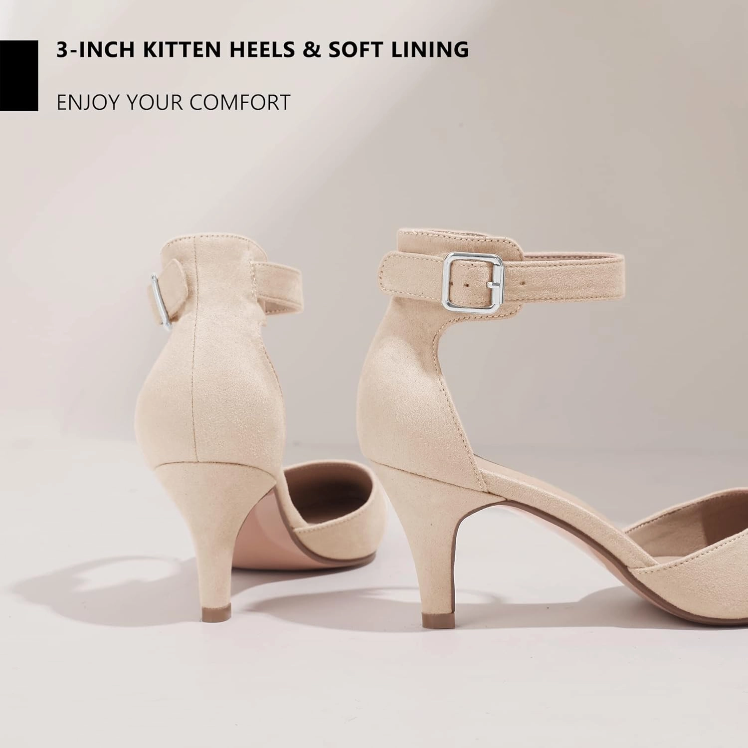 IDIFU Women's IN3 D'Orsay Pumps Low Kitten Heels for Women Dress Shoes Pointed Closed Toe Wedding Bride Ankle Strap Dressy Silver Black Nude White Gold Heels for Women