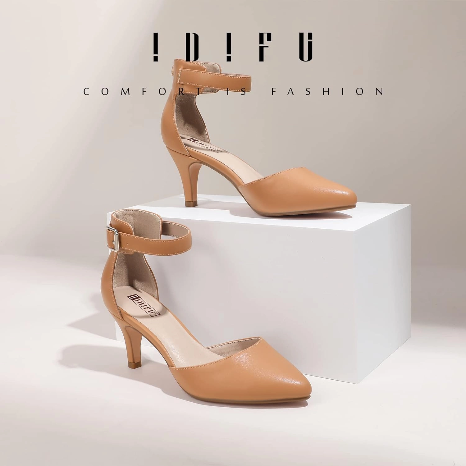IDIFU Women's IN3 D'Orsay Pumps Low Kitten Heels for Women Dress Shoes Pointed Closed Toe Wedding Bride Ankle Strap Dressy Silver Black Nude White Gold Heels for Women