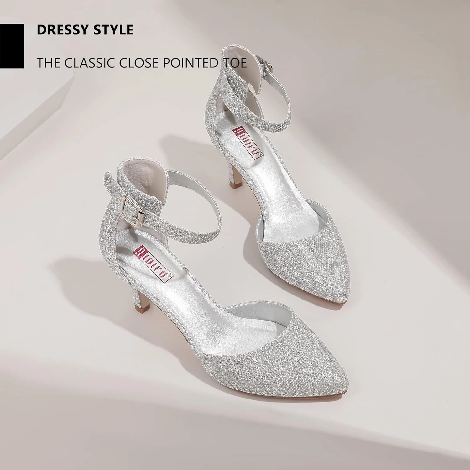 IDIFU Women's IN3 D'Orsay Pumps Low Kitten Heels for Women Dress Shoes Pointed Closed Toe Wedding Bride Ankle Strap Dressy Silver Black Nude White Gold Heels for Women