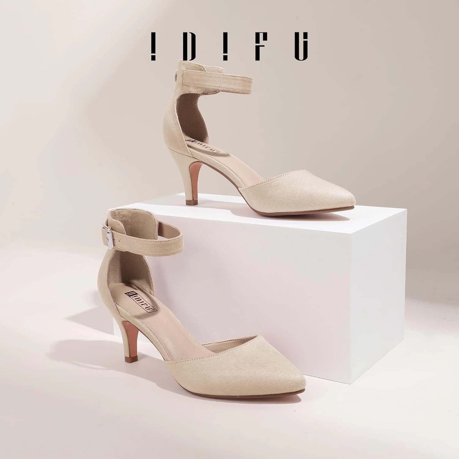 IDIFU Women's IN3 D'Orsay Pumps Low Kitten Heels for Women Dress Shoes Pointed Closed Toe Wedding Bride Ankle Strap Dressy Silver Black Nude White Gold Heels for Women
