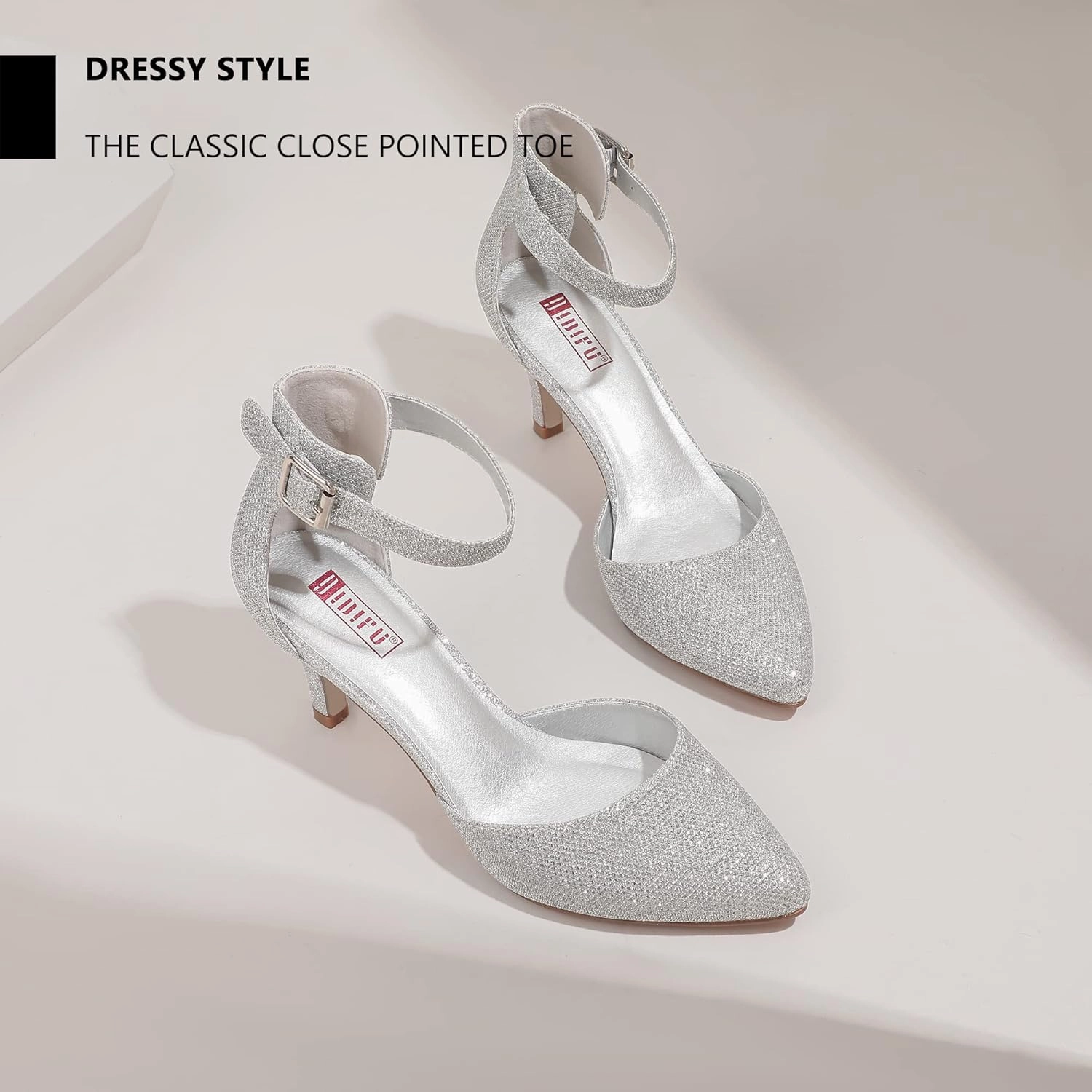 IDIFU Women's IN3 D'Orsay Pumps Low Kitten Heels for Women Dress Shoes Pointed Closed Toe Wedding Bride Ankle Strap Dressy Silver Black Nude White Gold Heels for Women