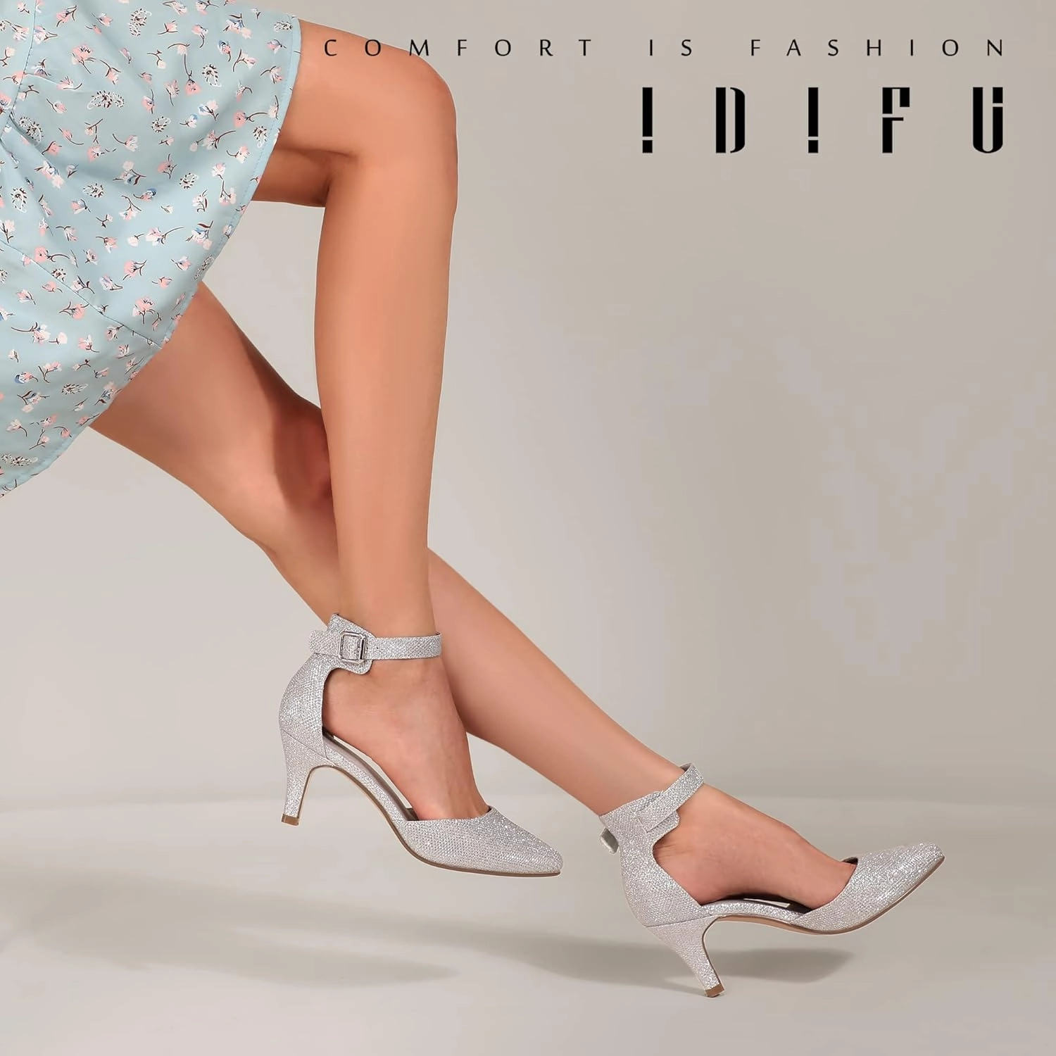 IDIFU Women's IN3 D'Orsay Pumps Low Kitten Heels for Women Dress Shoes Pointed Closed Toe Wedding Bride Ankle Strap Dressy Silver Black Nude White Gold Heels for Women