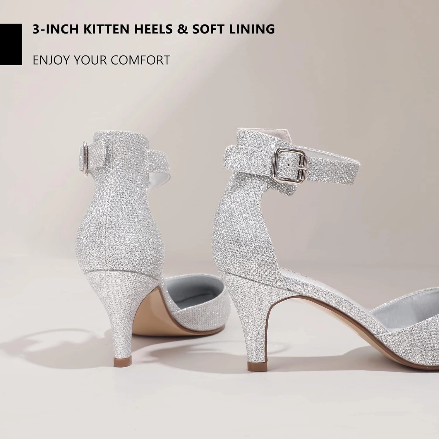 IDIFU Women's IN3 D'Orsay Pumps Low Kitten Heels for Women Dress Shoes Pointed Closed Toe Wedding Bride Ankle Strap Dressy Silver Black Nude White Gold Heels for Women