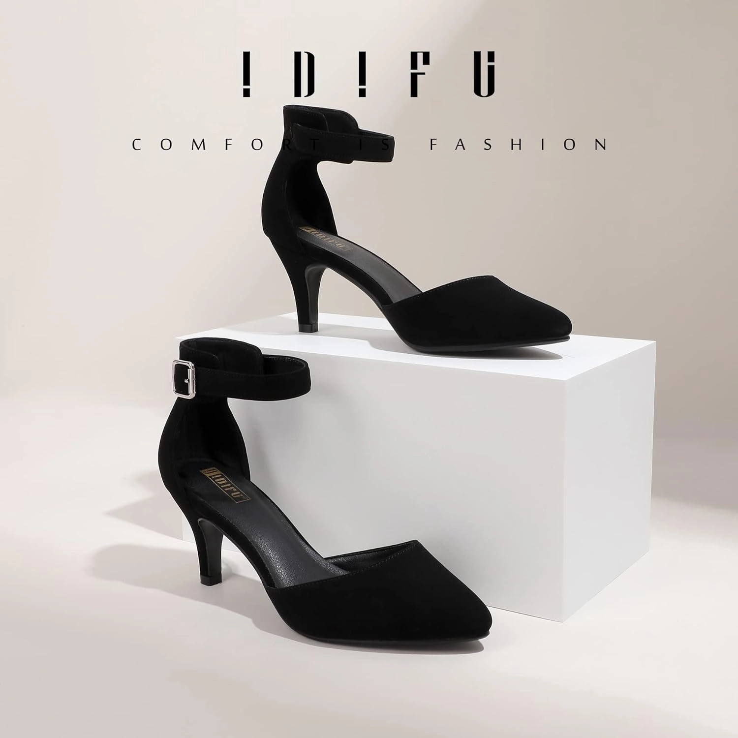 IDIFU Women's IN3 D'Orsay Pumps Low Kitten Heels for Women Dress Shoes Pointed Closed Toe Wedding Bride Ankle Strap Dressy Silver Black Nude White Gold Heels for Women