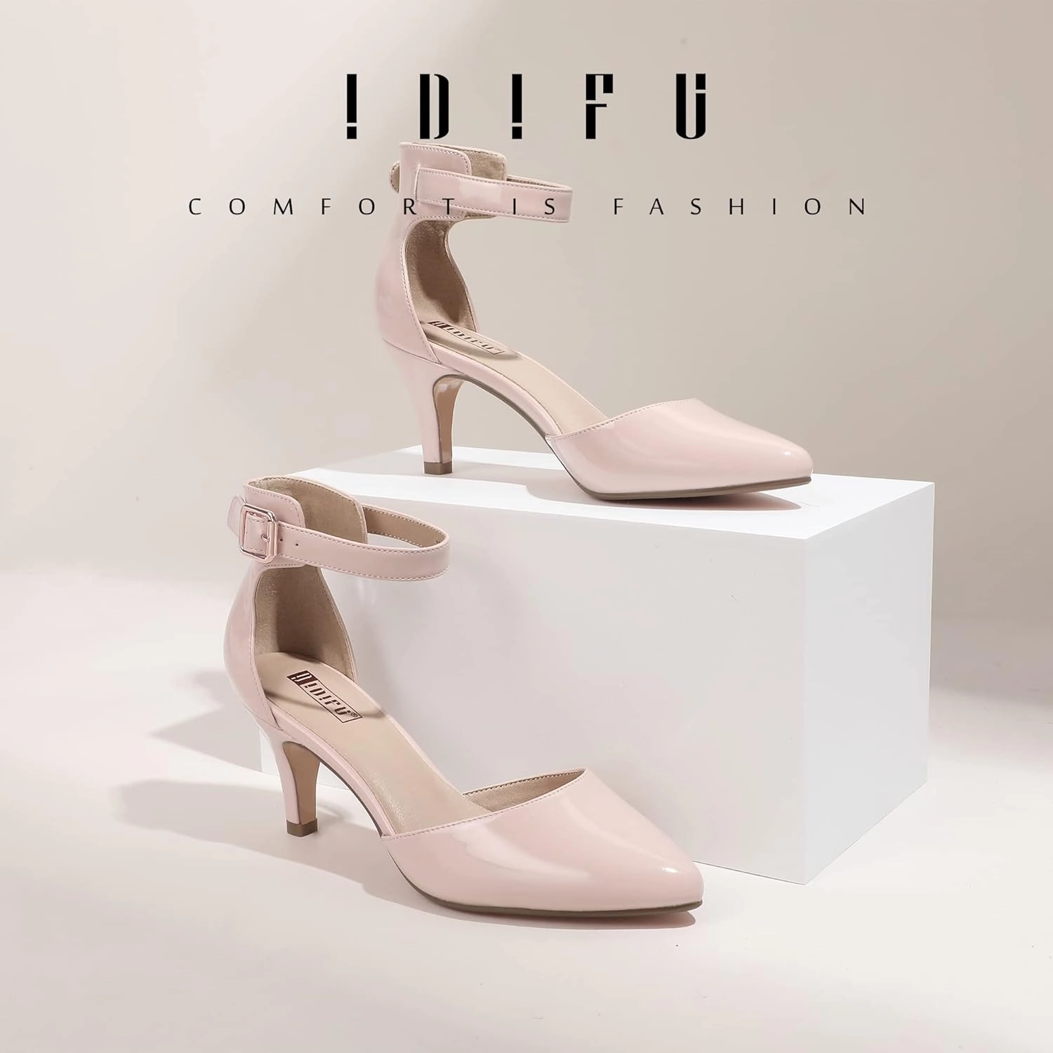 IDIFU Women's IN3 D'Orsay Pumps Low Kitten Heels for Women Dress Shoes Pointed Closed Toe Wedding Bride Ankle Strap Dressy Silver Black Nude White Gold Heels for Women