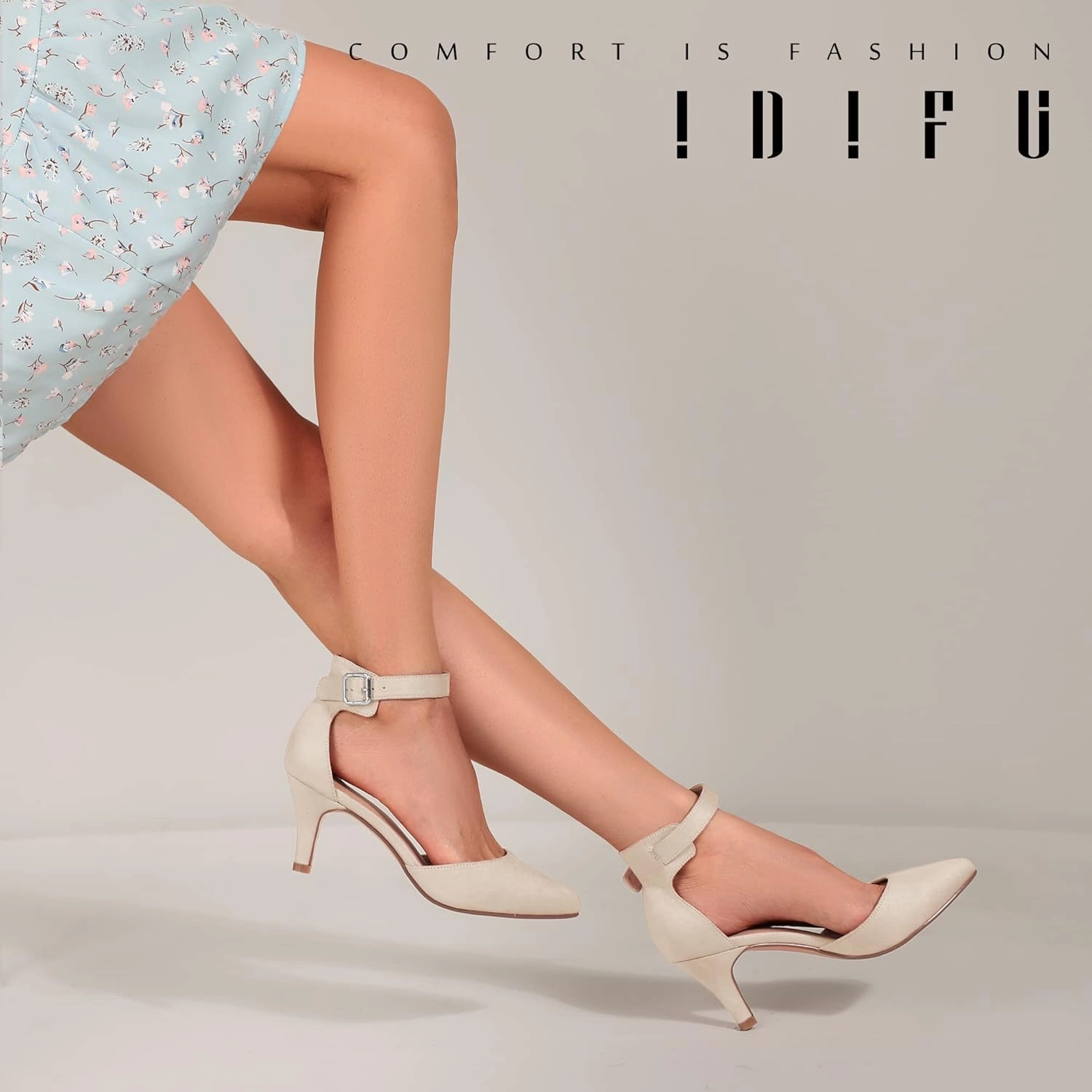 IDIFU Women's IN3 D'Orsay Pumps Low Kitten Heels for Women Dress Shoes Pointed Closed Toe Wedding Bride Ankle Strap Dressy Silver Black Nude White Gold Heels for Women