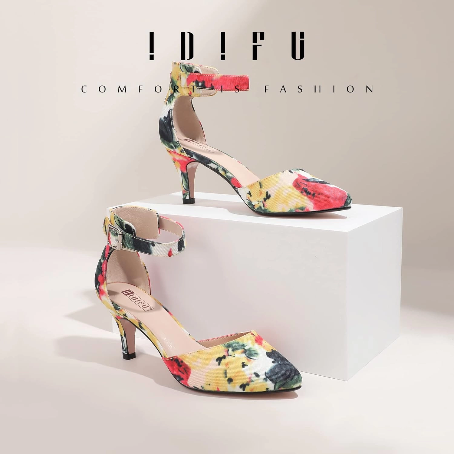 IDIFU Women's IN3 D'Orsay Pumps Low Kitten Heels for Women Dress Shoes Pointed Closed Toe Wedding Bride Ankle Strap Dressy Silver Black Nude White Gold Heels for Women